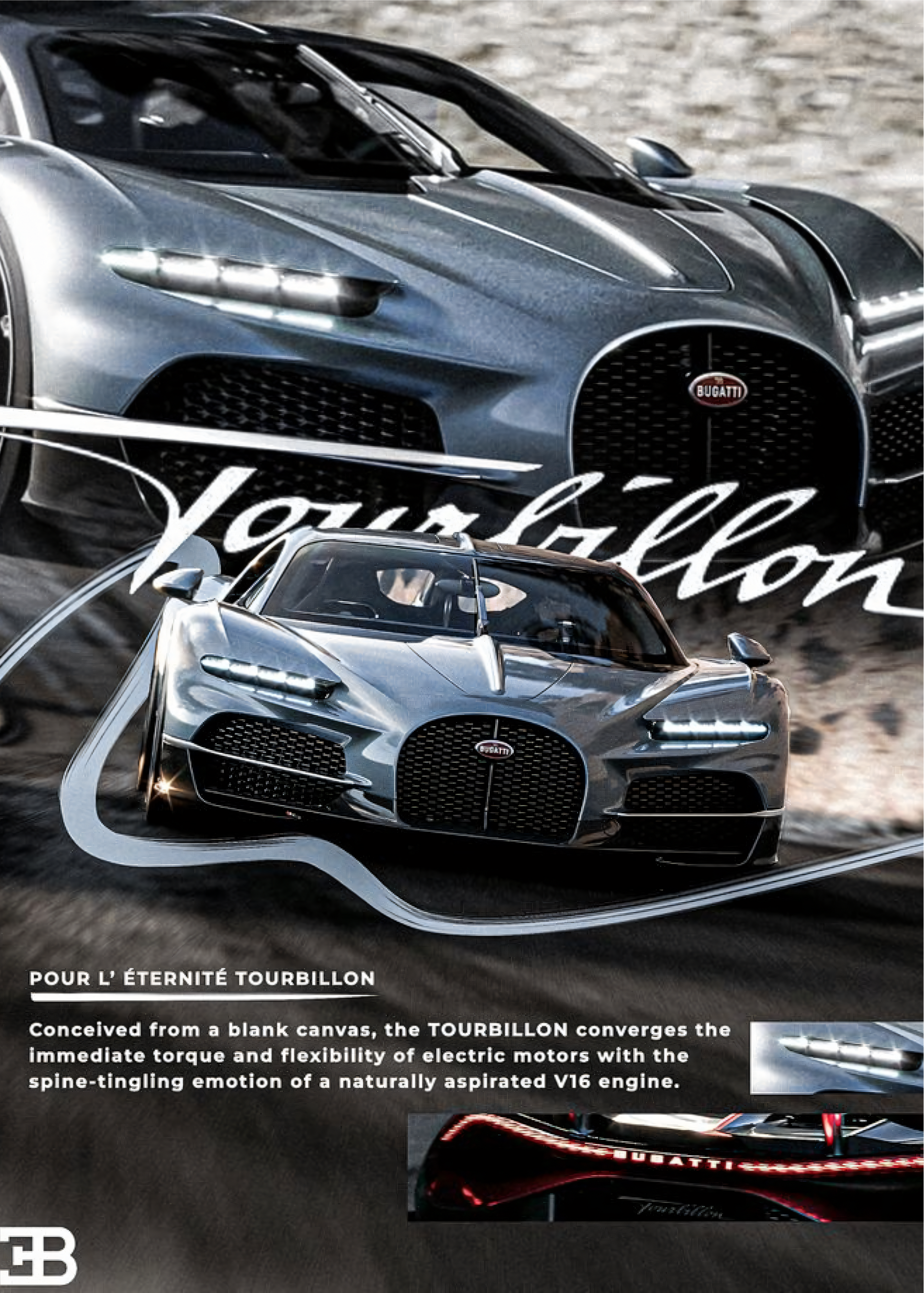 Nahaufnahme Poster mit Rahmen von Bugatti mit überschrift und beschreibung in blau schwarz mit rauch in weiß