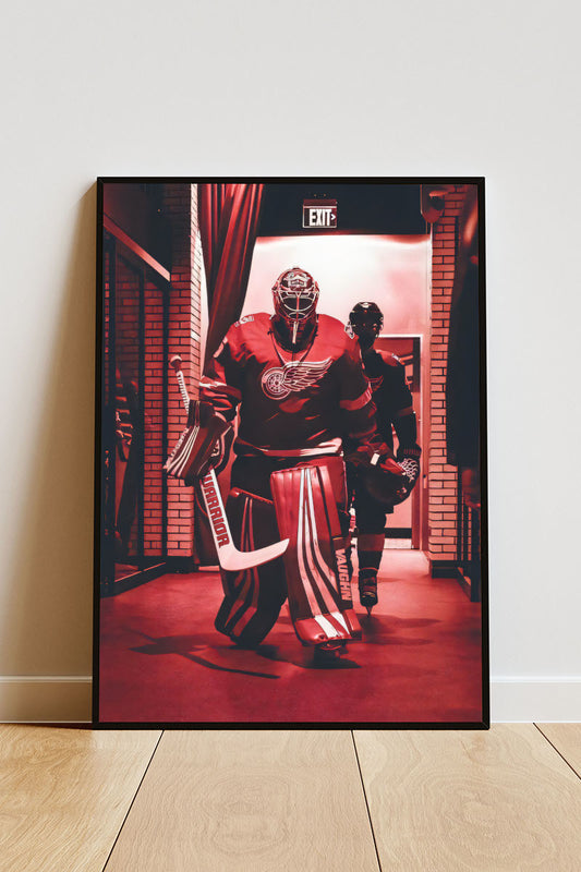 Close-up Poster mit Rahmen Eishockey spieler in einem Eishockey Arena eingang in rot schwarz 