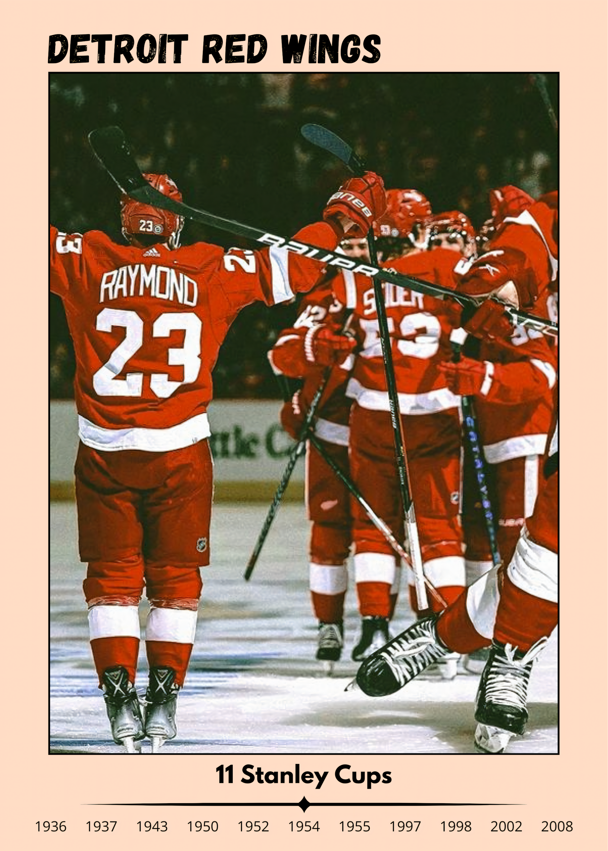 Nahaufnahme  Poster mit Rahmen von Eishockeymannschaft mit Eishockeyspielern auf Eishockeyplatz in Eishockeystadium mit Publikum in beige rot weiß