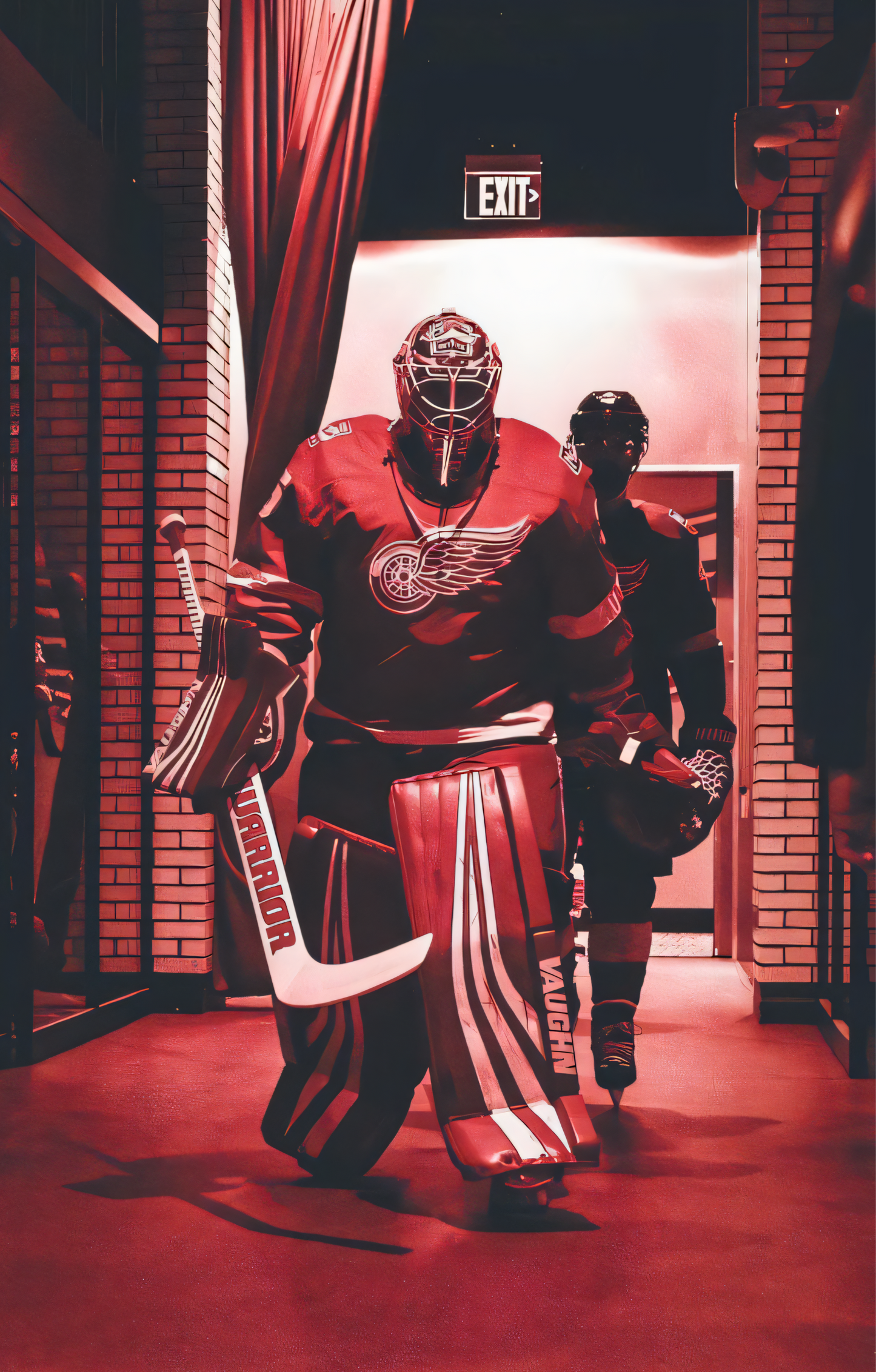 Nahaufnahme Poster ohne Rahmen Eishockey spieler in einem Eishockey Arena eingang in rot schwarz 