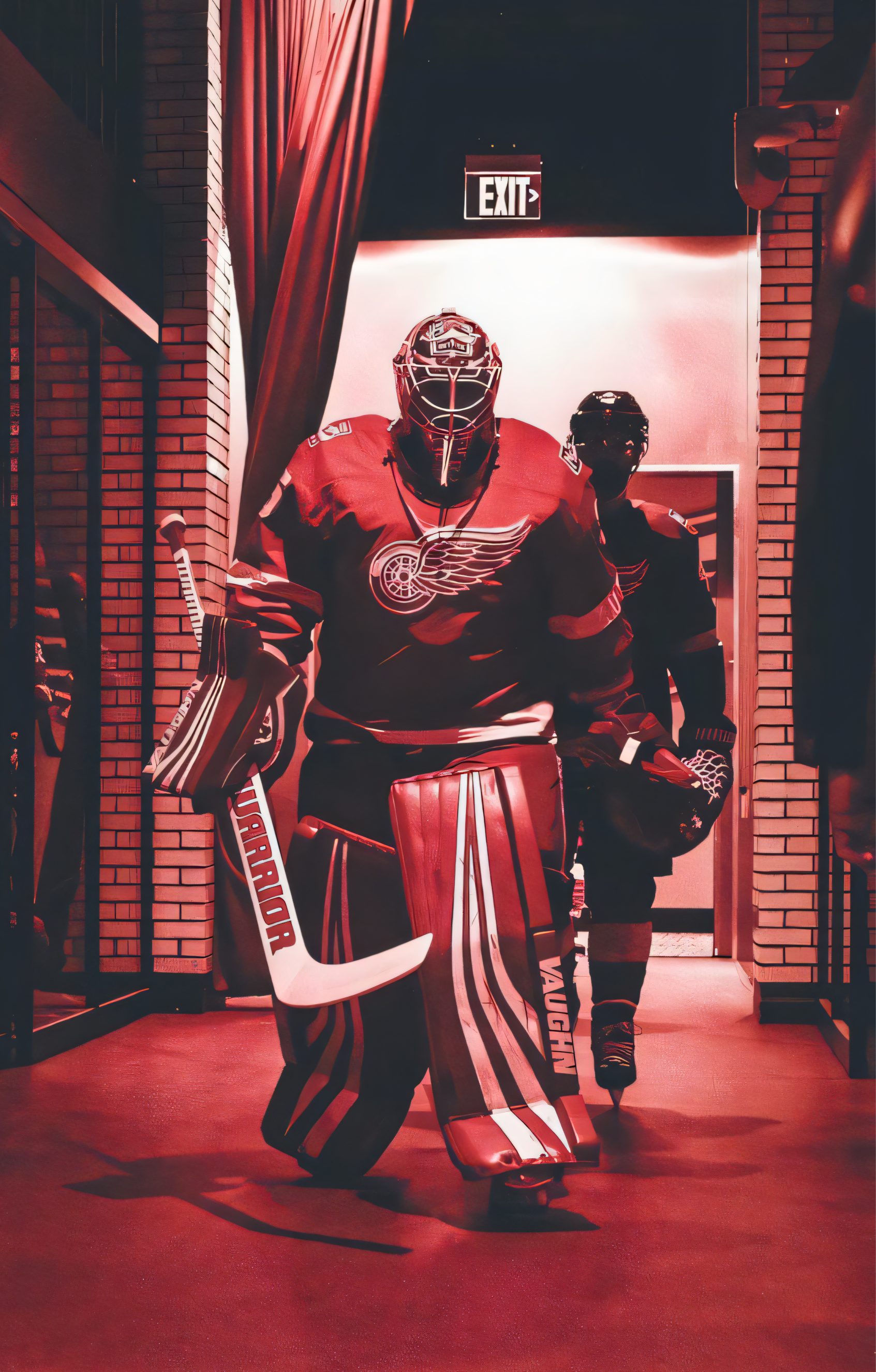 Nahaufnahme Poster ohne Rahmen Eishockey spieler in einem Eishockey Arena eingang in rot schwarz 