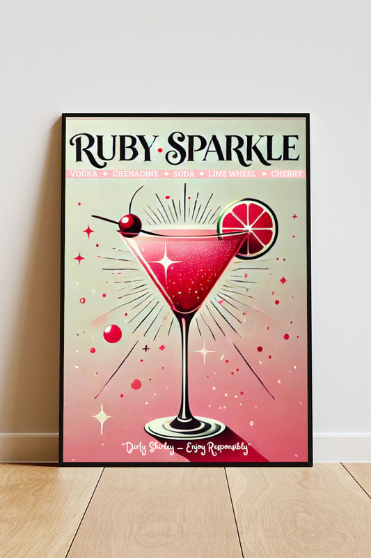 Close-up Poster mit Rahmen Dirty Shirley Cocktailglas mit überschrift und beschriftung und effekten rosa pink schwarz beige