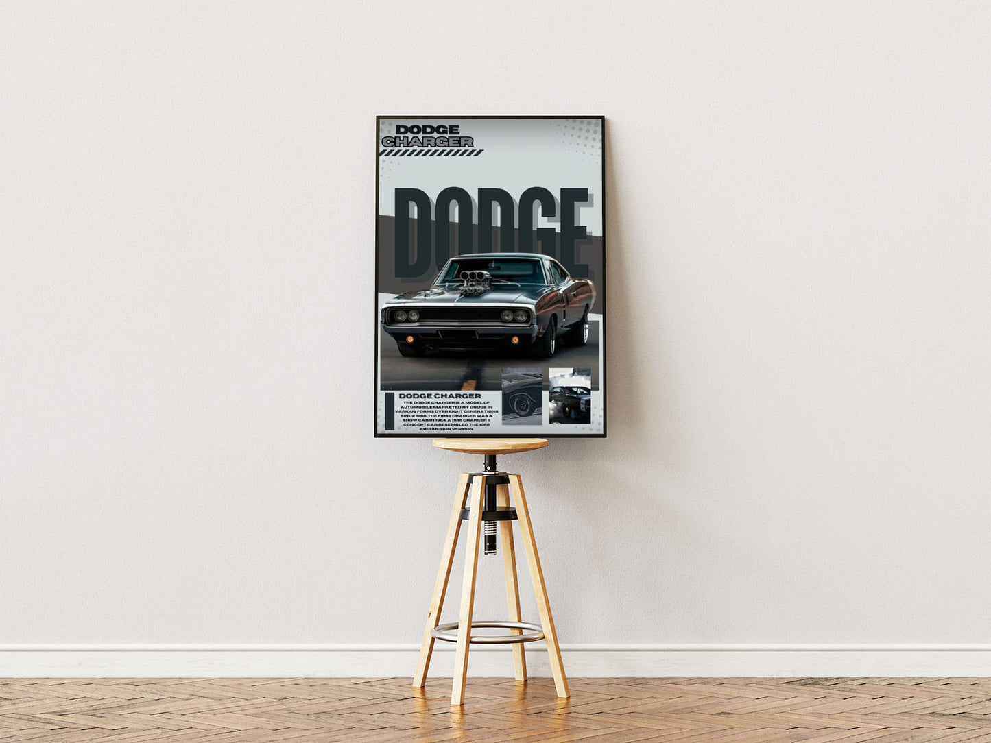 Poster ständer Poster mit Rahmen Dodge charger mit überschrift und beschreibung auf grauen und weißen hintergrund grau weiß silber