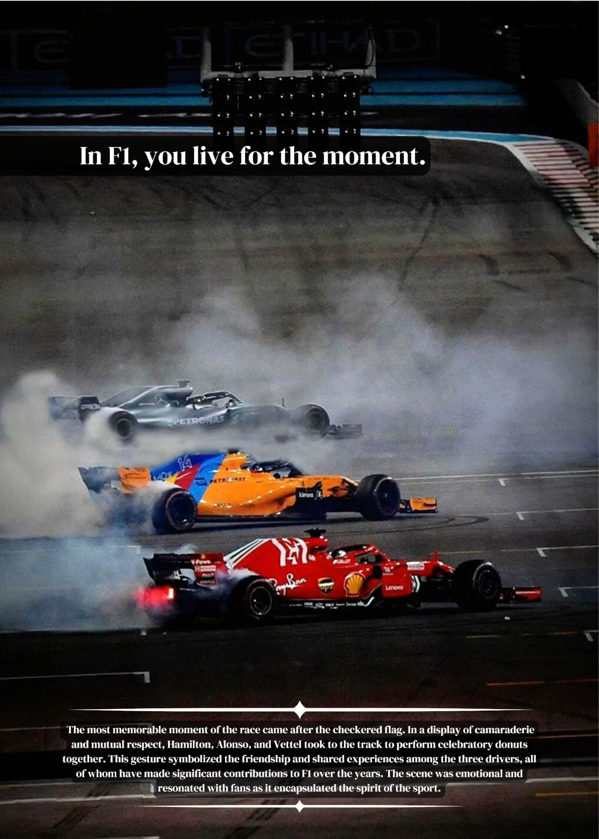 Nahaufnahme  Poster mit Rahmen 3 Formel 1 Autos machen Donuts an der Ziellinie mit rauch und überschrift und beschriftung in grau rot orange silber und blau