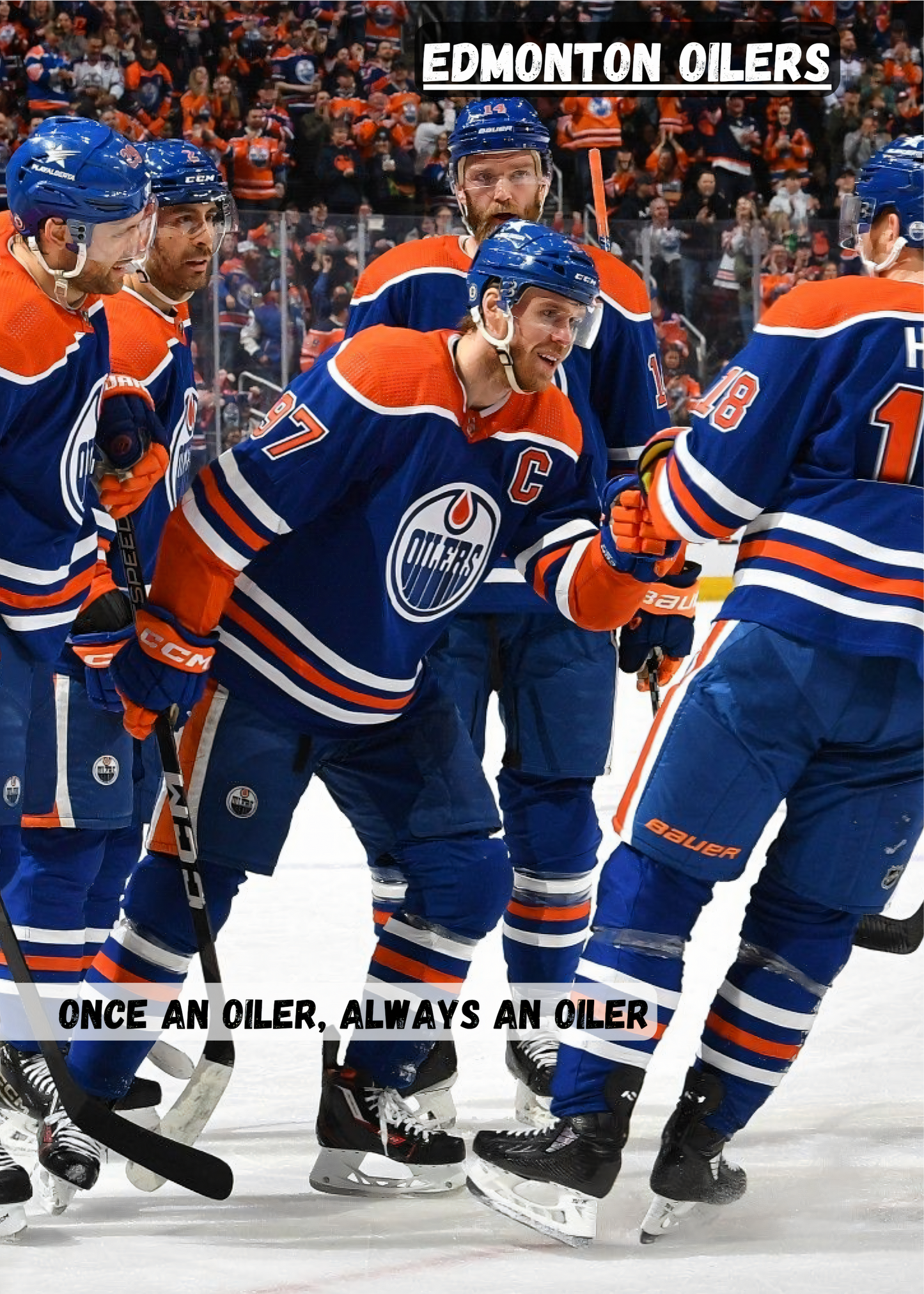 Nahaufnahme  Poster ohne Rahmen Eishockeyteam auf Eishockeyplatz mit Eishockeystadium mit Publikum mit überschrift in orange blau weiß