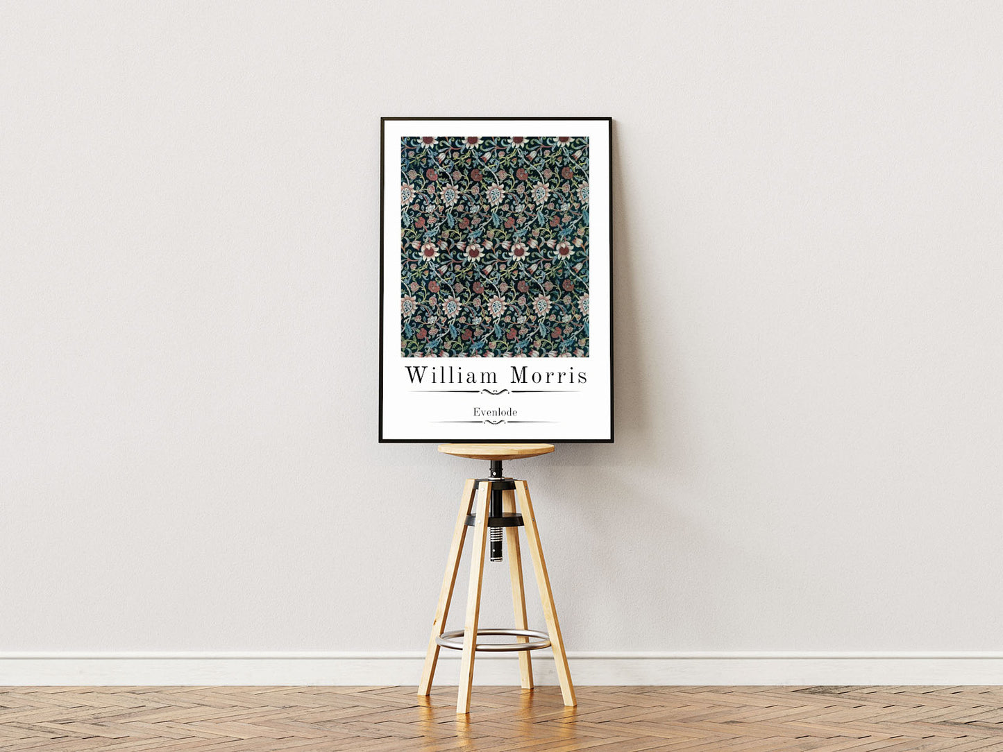 Poster ständer Poster mit Rahmen Gemälde mit überschrift und beschreibung und weißer umrandung buntes Gemälde von Blumen weiß scharz rot grün beige