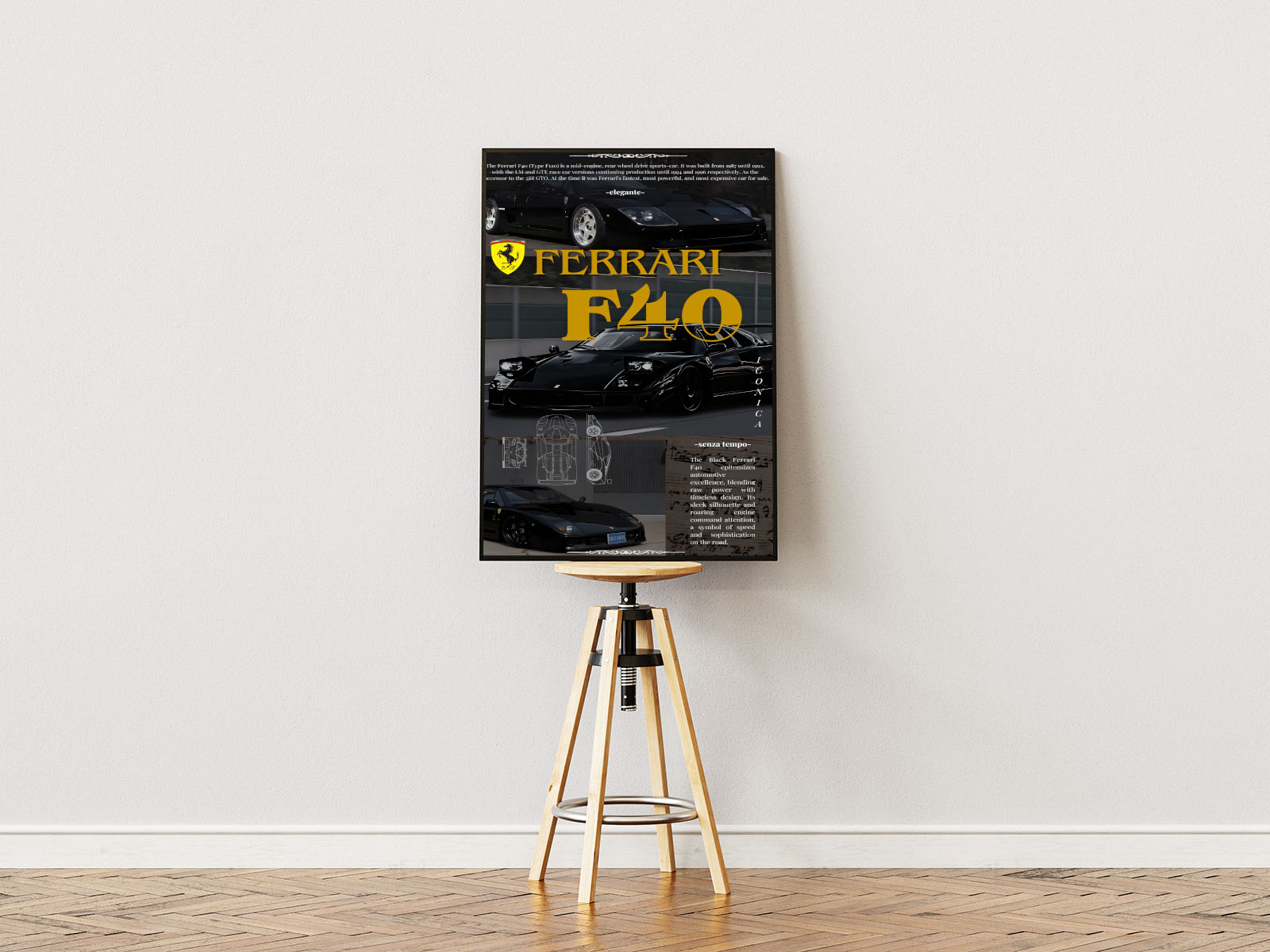 Poster ständer  Poster mit Rahmen von Ferrrari F-40 in gelb mit verschiedenen aufnahmen Autos in schwarz gelb grau mit überschrift und beschreibung