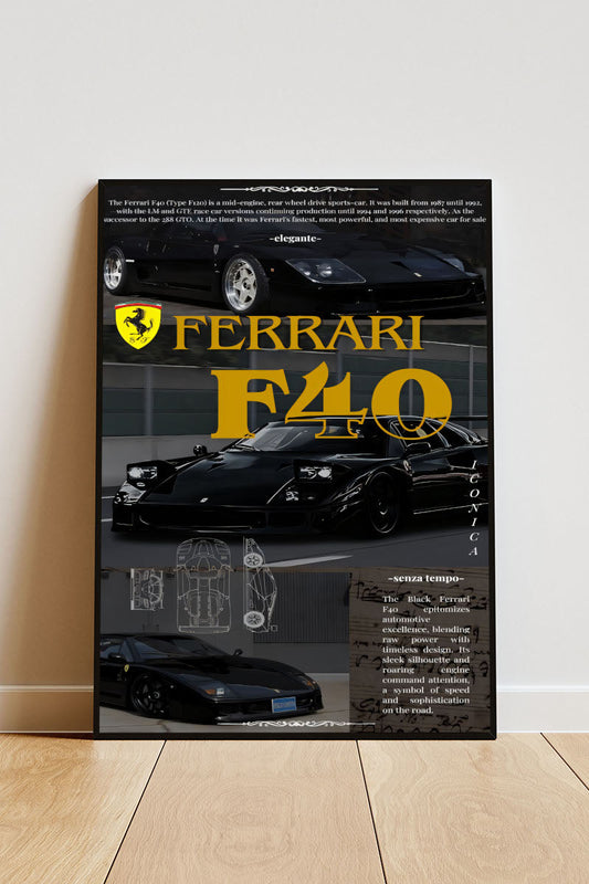 Close-up Poster mit Rahmen von Ferrrari F-40 in gelb mit verschiedenen aufnahmen Autos in schwarz gelb grau mit überschrift und beschreibung