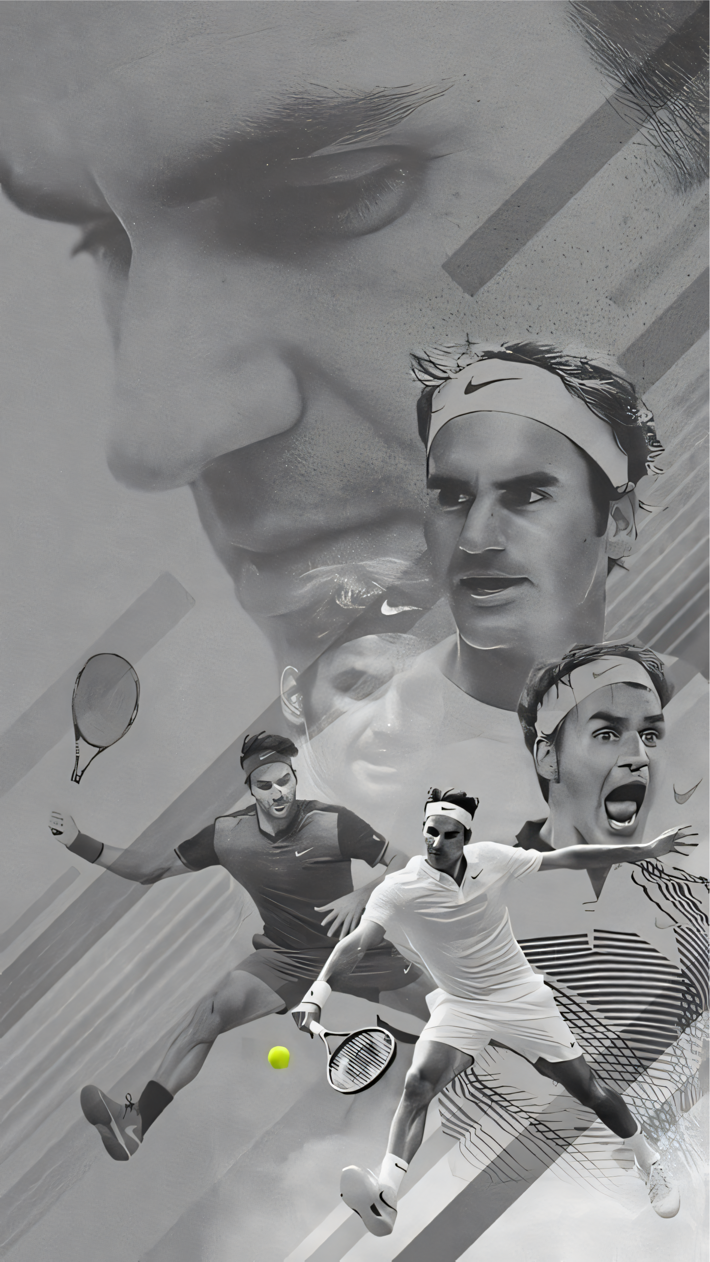 Nahaufnahme Poster mit Rahmen von Roger Federer beim Tennisspielen als Collage in weiß Grau