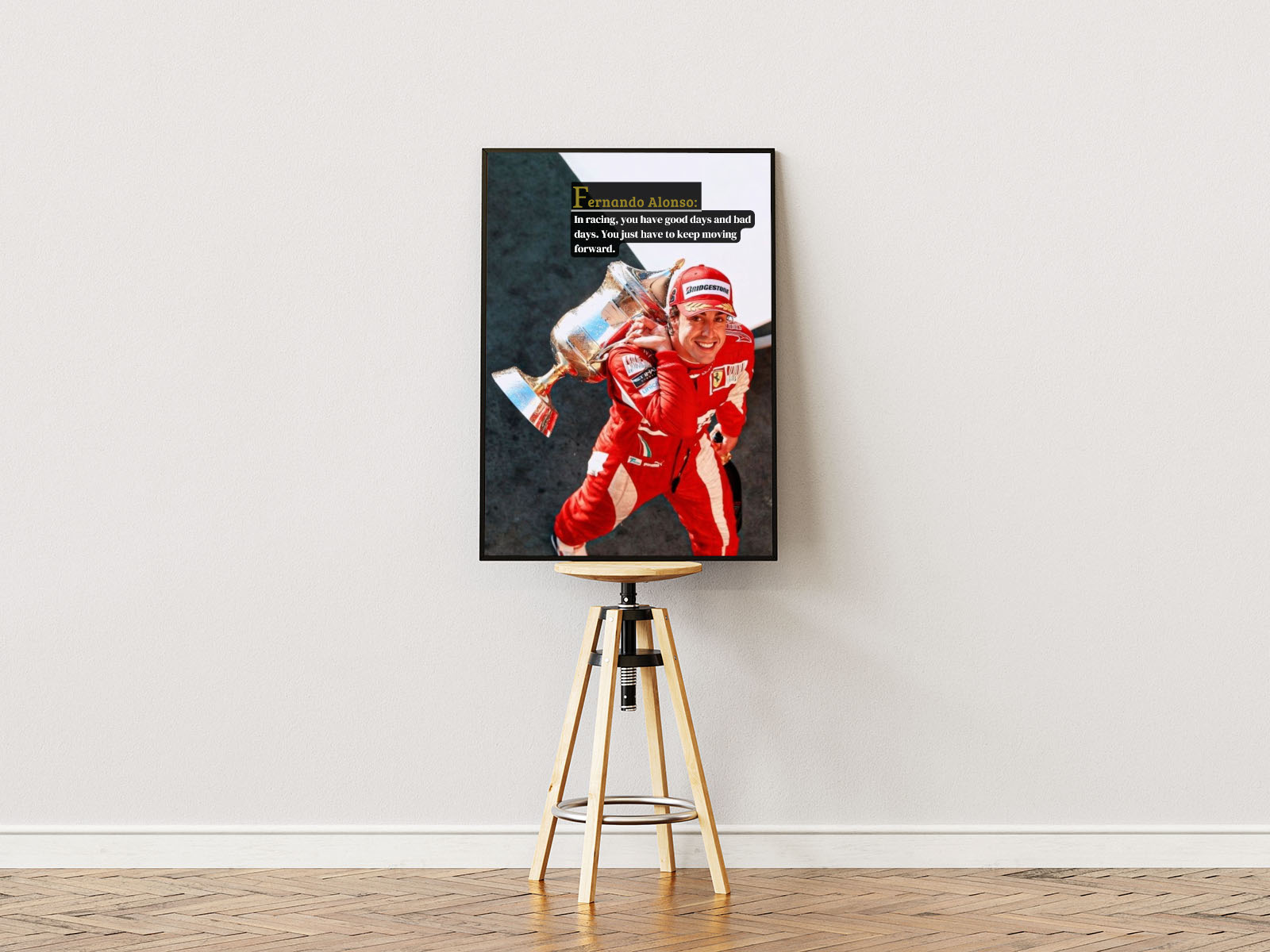 Poster ständer Poster mit Rahmen Rennfahrer Formel 1 Fernando Alonso mit Pokal und motivationszitat und überschrift in rot und grau und weiß