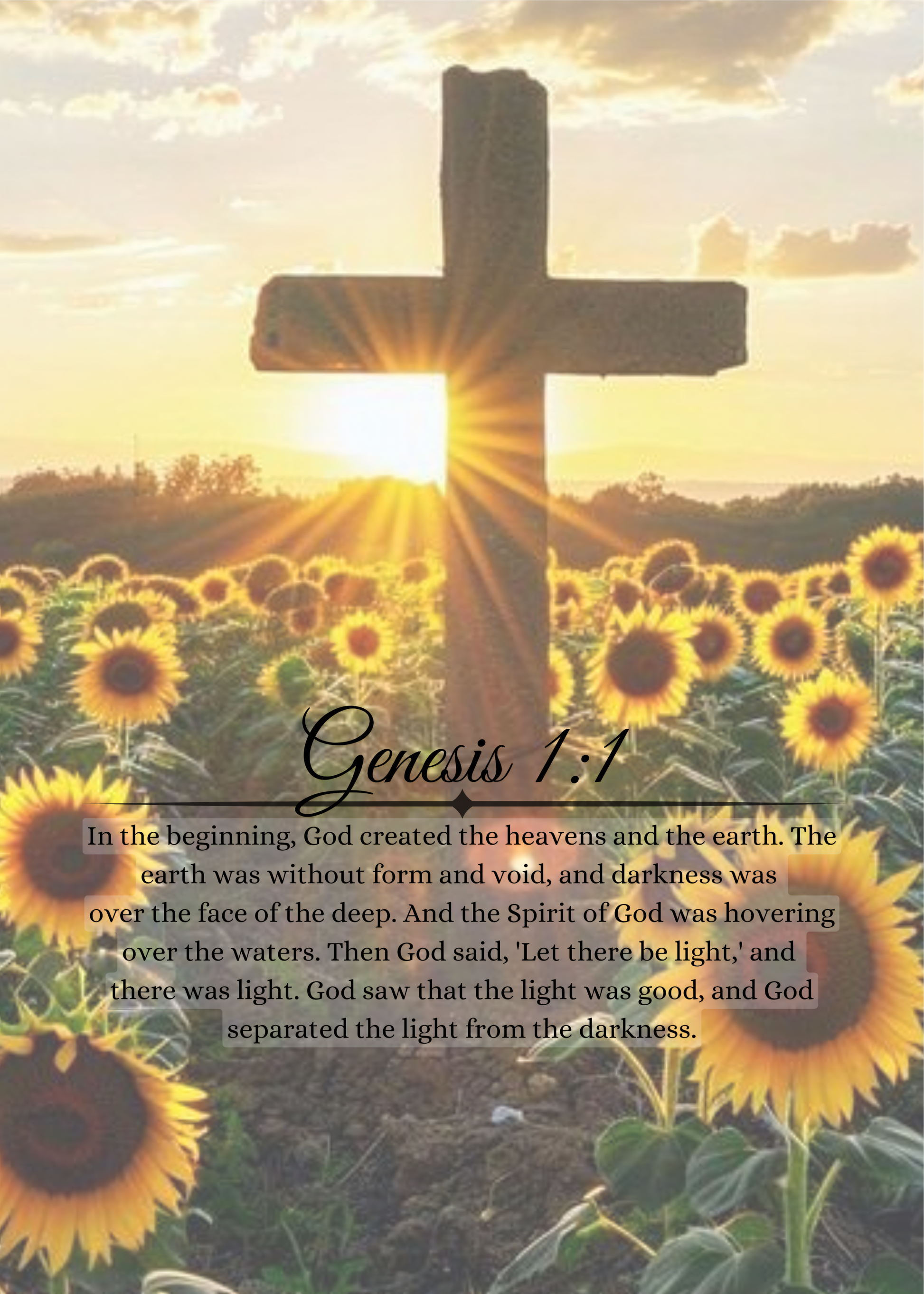 Nahaufnahme Poster mit Rahmen von Sonnenblumenwiese mit religiösen Kreuz und Sonne mit Religionszitat aus der Bibel und überschrift in gelb grün schwarz weiß