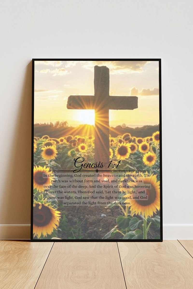 Close-up Poster mit Rahmen von Sonnenblumenwiese mit religiösen Kreuz und Sonne mit Religionszitat aus der Bibel und überschrift in gelb grün schwarz weiß