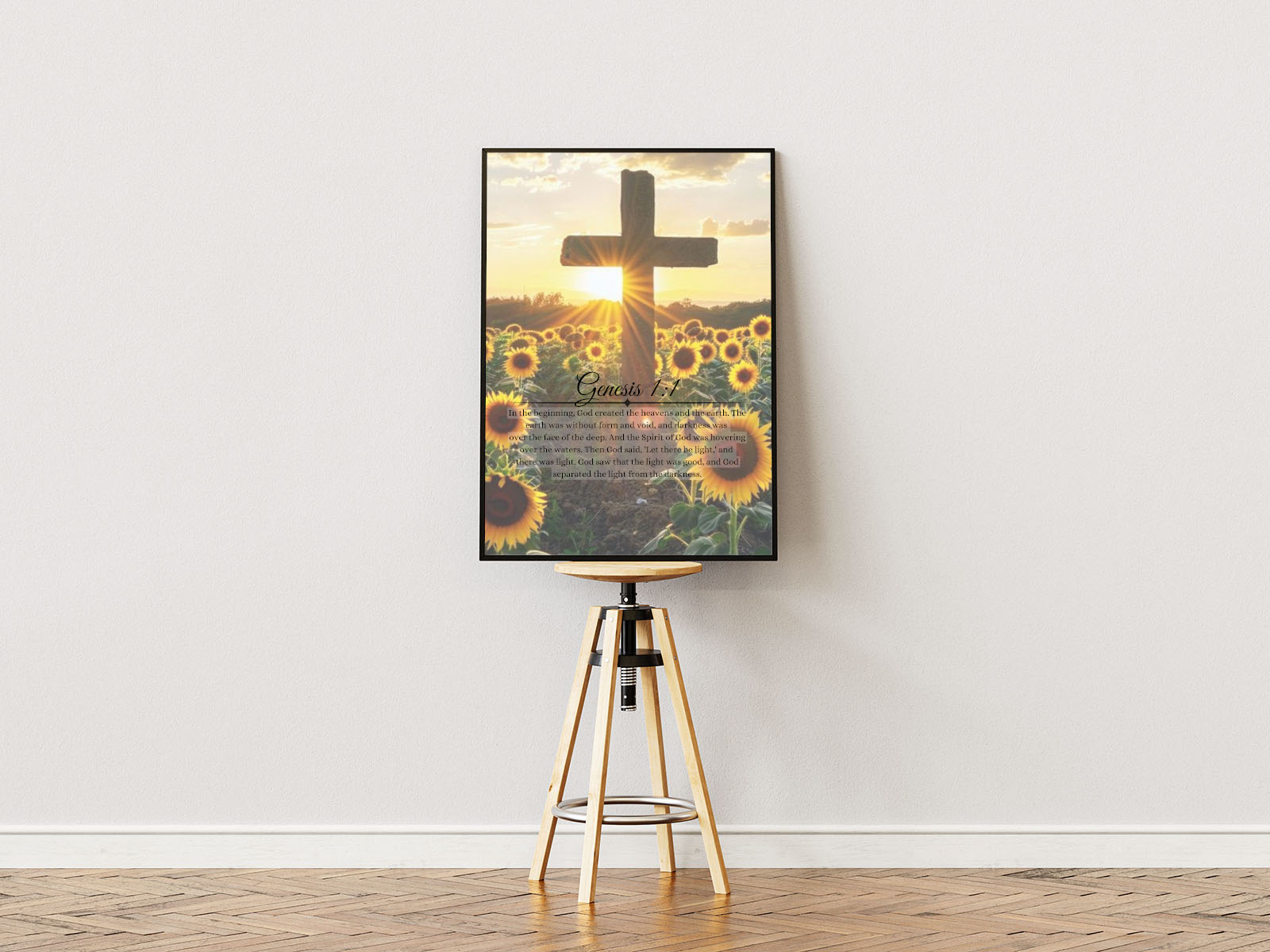 Poster ständer Poster mit Rahmen von Sonnenblumenwiese mit religiösen Kreuz und Sonne mit Religionszitat aus der Bibel und überschrift in gelb grün schwarz weiß