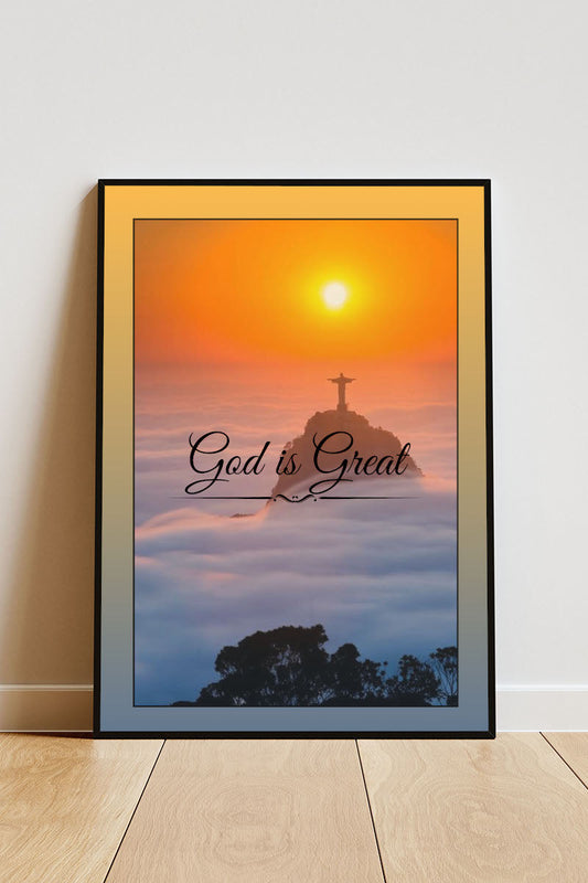 Close-up Poster mit Rahmen von Landschaft mit Religiösen Spruch und Sonne Himmel Kreuz Wolken Bäume in orange blau weiß schwarz