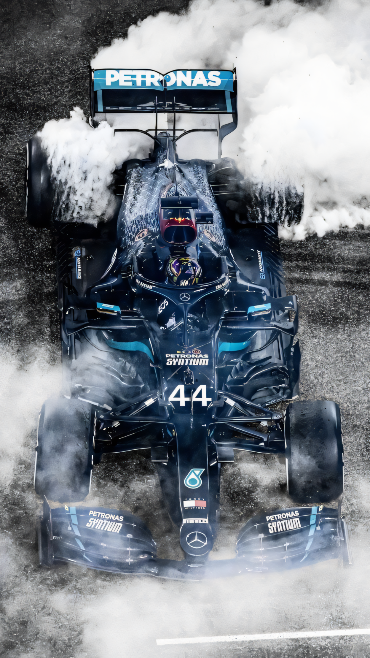 Nahaufnahme Poster mit Rahmen von Formel 1 Auto mit Rauch und schwarzem Formel 1 Auto von oben Foto in grau blau silber weiß schwarz