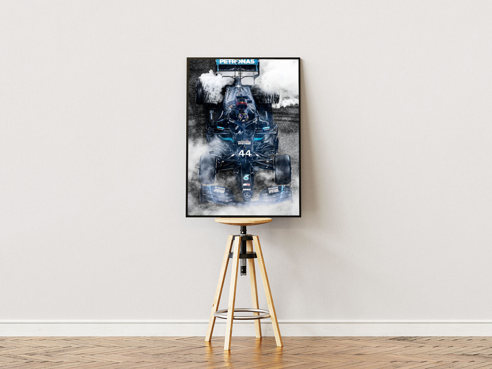 Poster ständer Poster mit Rahmen von Formel 1 Auto mit Rauch und schwarzem Formel 1 Auto von oben Foto in grau blau silber weiß schwarz