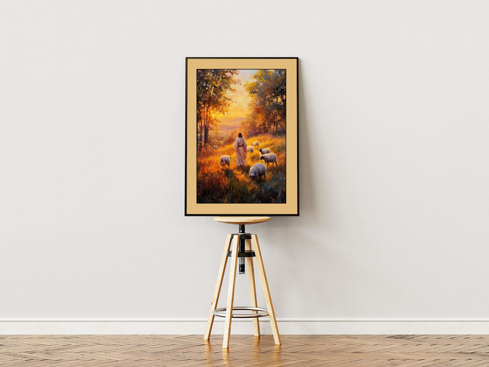 Poster ständer Poster mit Rahmen Landschaft und Natur mit Jesus und Schafen Jesus als Hirte in gemalten Still mit Bäumen und Sonne und oranger umrandung in gelb grün schwarz beige