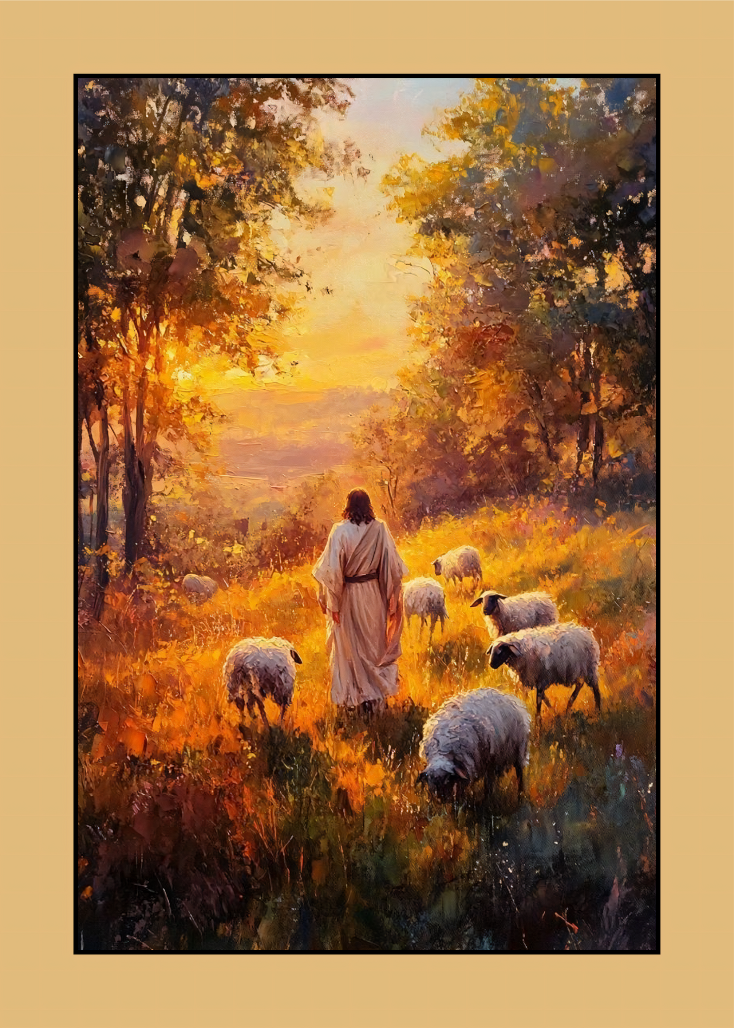 Nahaufnahme Poster mit Rahmen Landschaft und Natur mit Jesus und Schafen Jesus als Hirte in gemalten Still mit Bäumen und Sonne und oranger umrandung in gelb grün schwarz beige