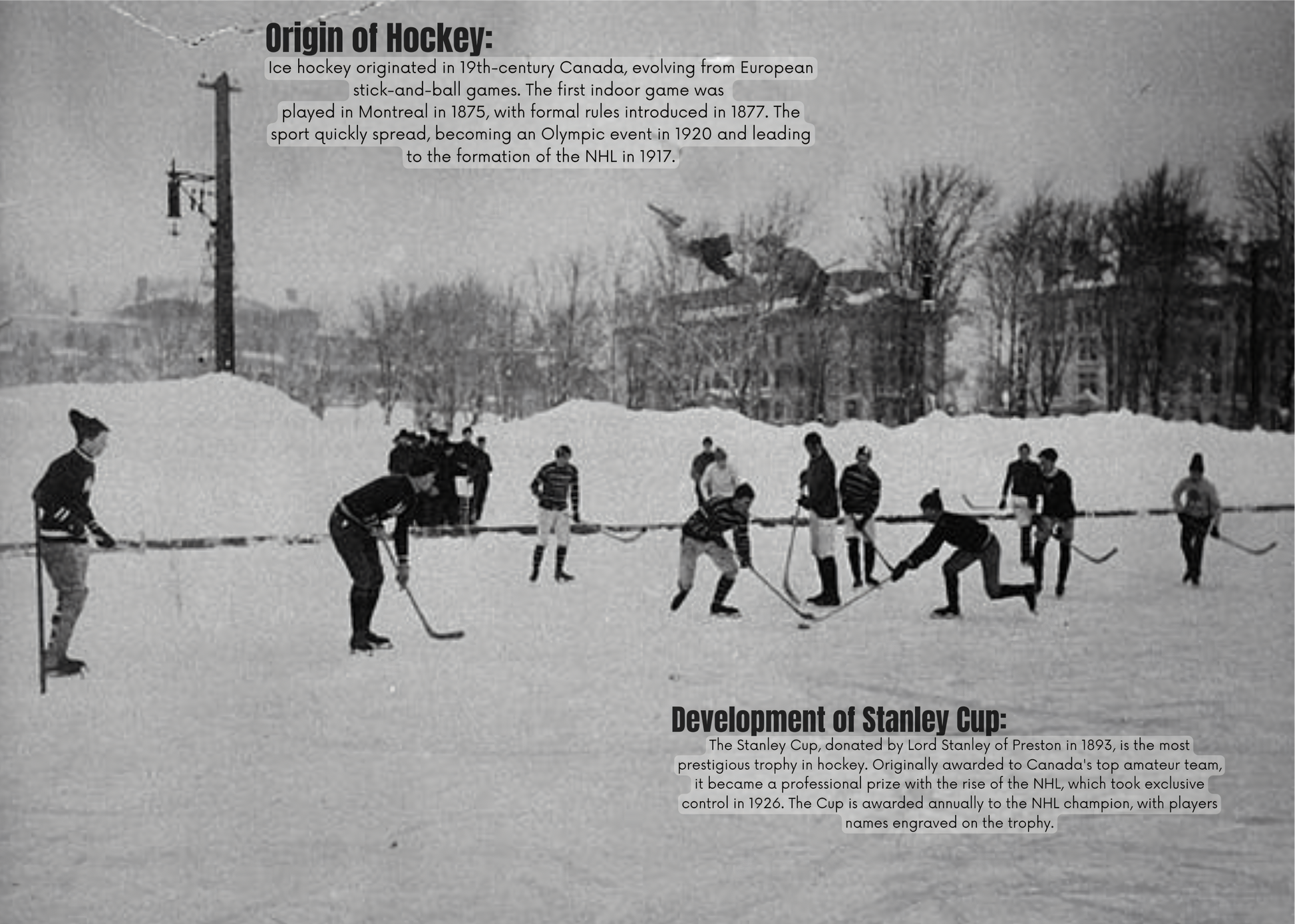 Nahaufnahme Poster mit Rahmen Vintage alte Aufnahme von Hockeyspiel auf Hockeplatz in der Stadt hintergrund gebäude und beschriftung der Geschichte von Eishockey schwarz weiß grau