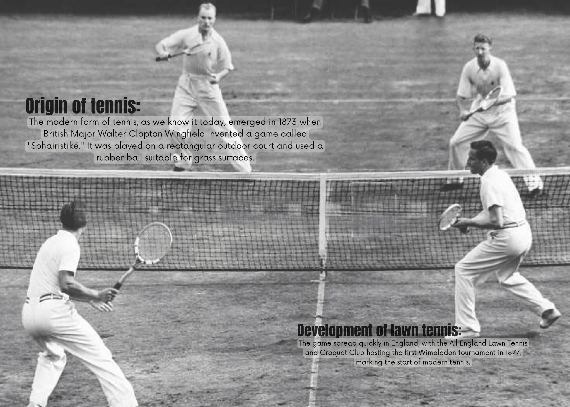 Nahaufnahme  Poster ohne Rahmen von einem Vintage alten Tennismatch mit vier Tennisspielern auf einem Tennisplatz in weiß grau