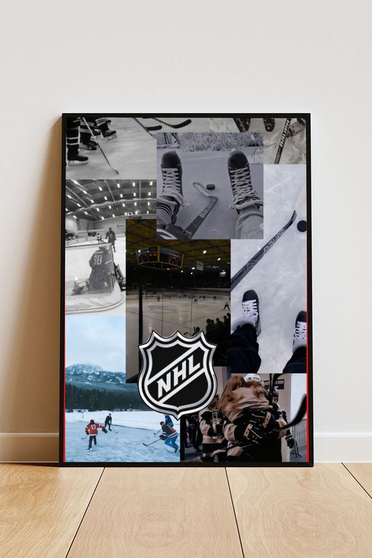 Close-up Poster mit Rahmen NHL Logo mit Collage mit verschiedenen Hockey Bildern blau schwarz grau weiß