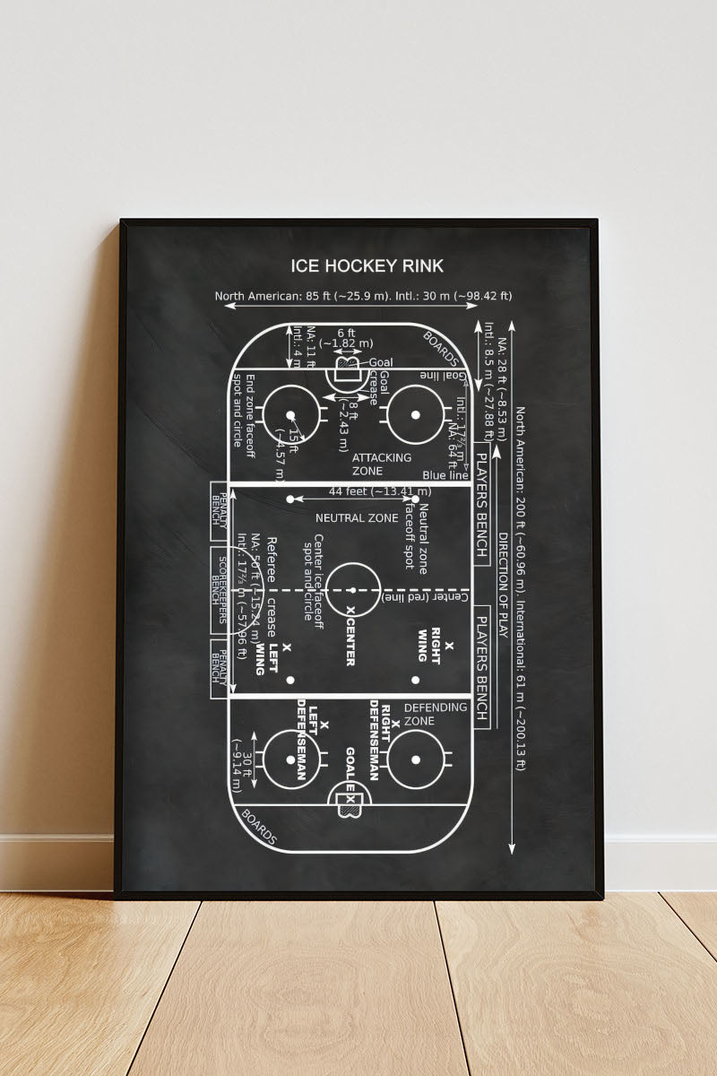 Close-up Poster mit Rahmen eines Gezeichneten Hockey Platzes als Skizze aus der Vogelperspektive in grau weiß