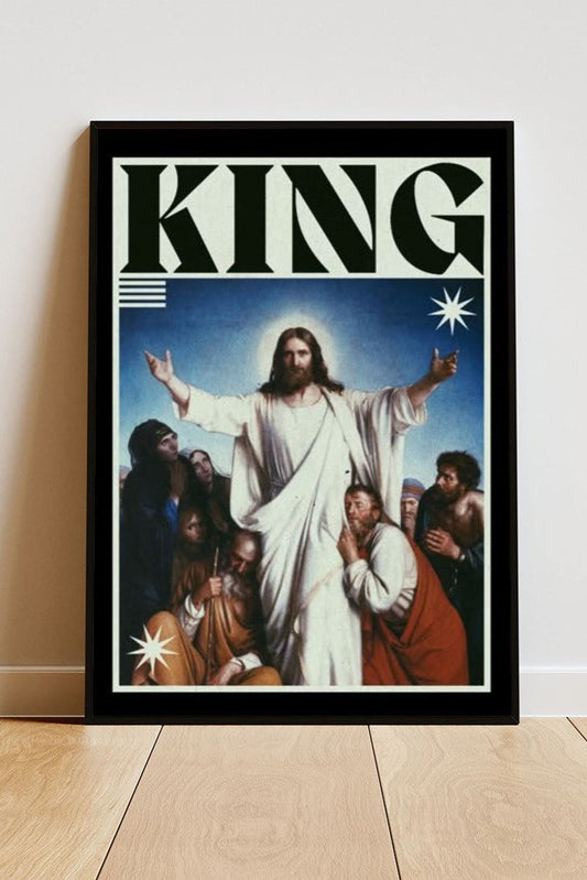 Close-up Poster mit Rahmen von Jesus mit Anhängern und er überschrift King mit heiligen Schein in blau weiß schwarz rot