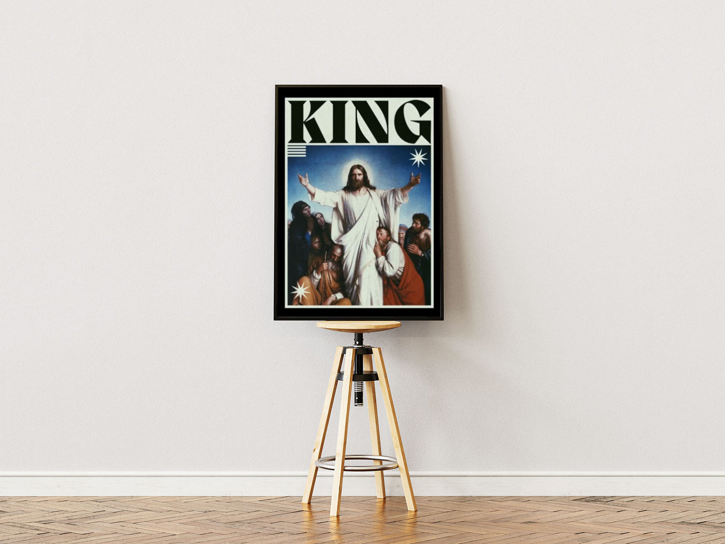 Poster Ständer Poster mit Rahmen von Jesus mit Anhängern und er überschrift King mit heiligen Schein in blau weiß schwarz rot