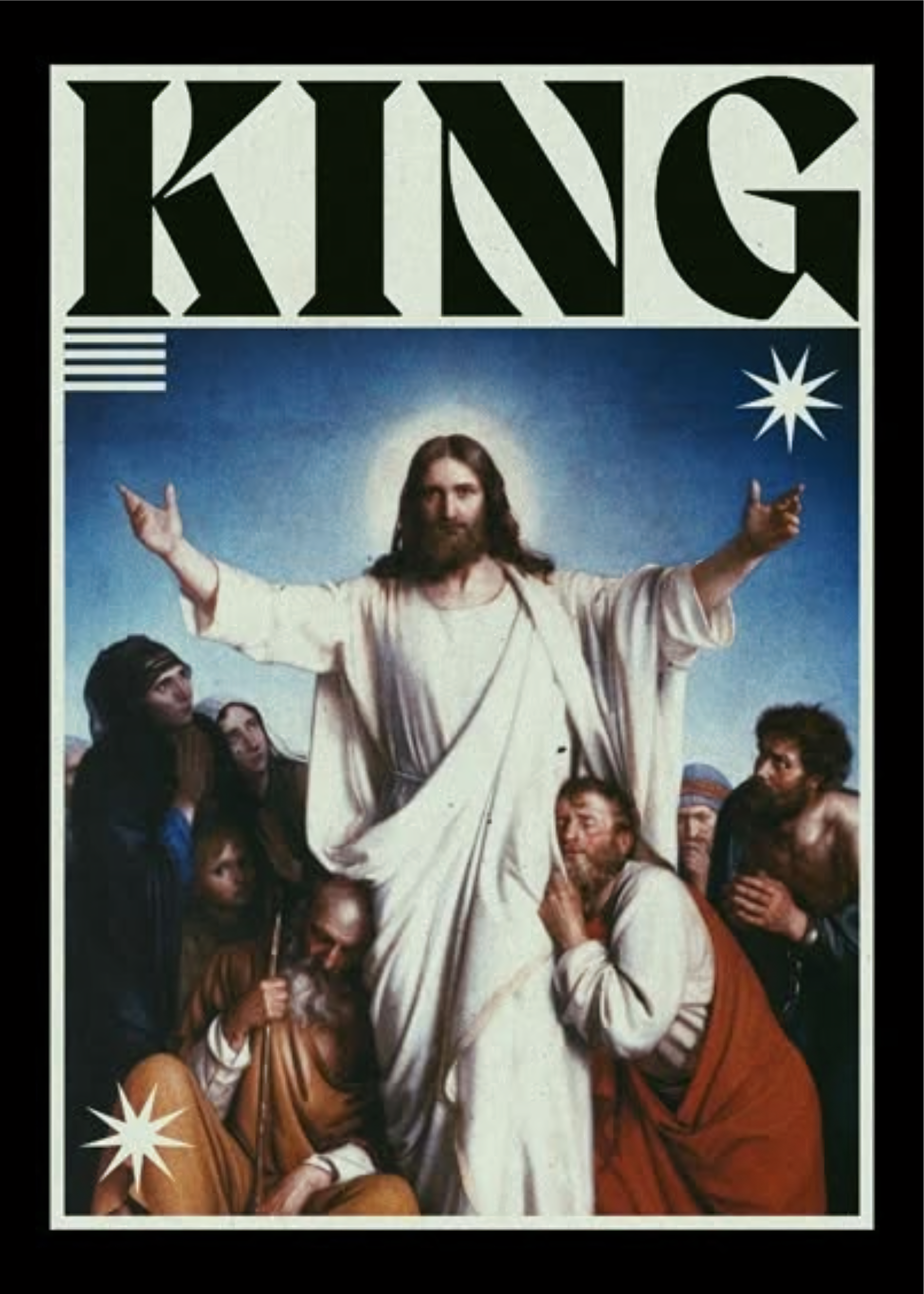 Nahaufnahme Poster mit Rahmen von Jesus mit Anhängern und er überschrift King mit heiligen Schein in blau weiß schwarz rot