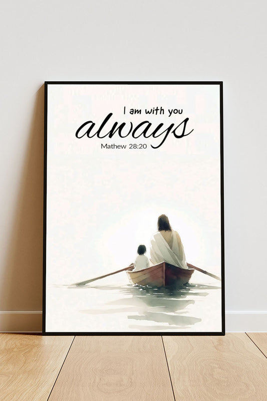 Close-up Poster mit Rahmen von Jesus mit einem Kind auf einem kleinen Ruderboot mit wenig wasser darum und weißem hintergrund mit Bibelzitat als überschrift schwarz beige weiß