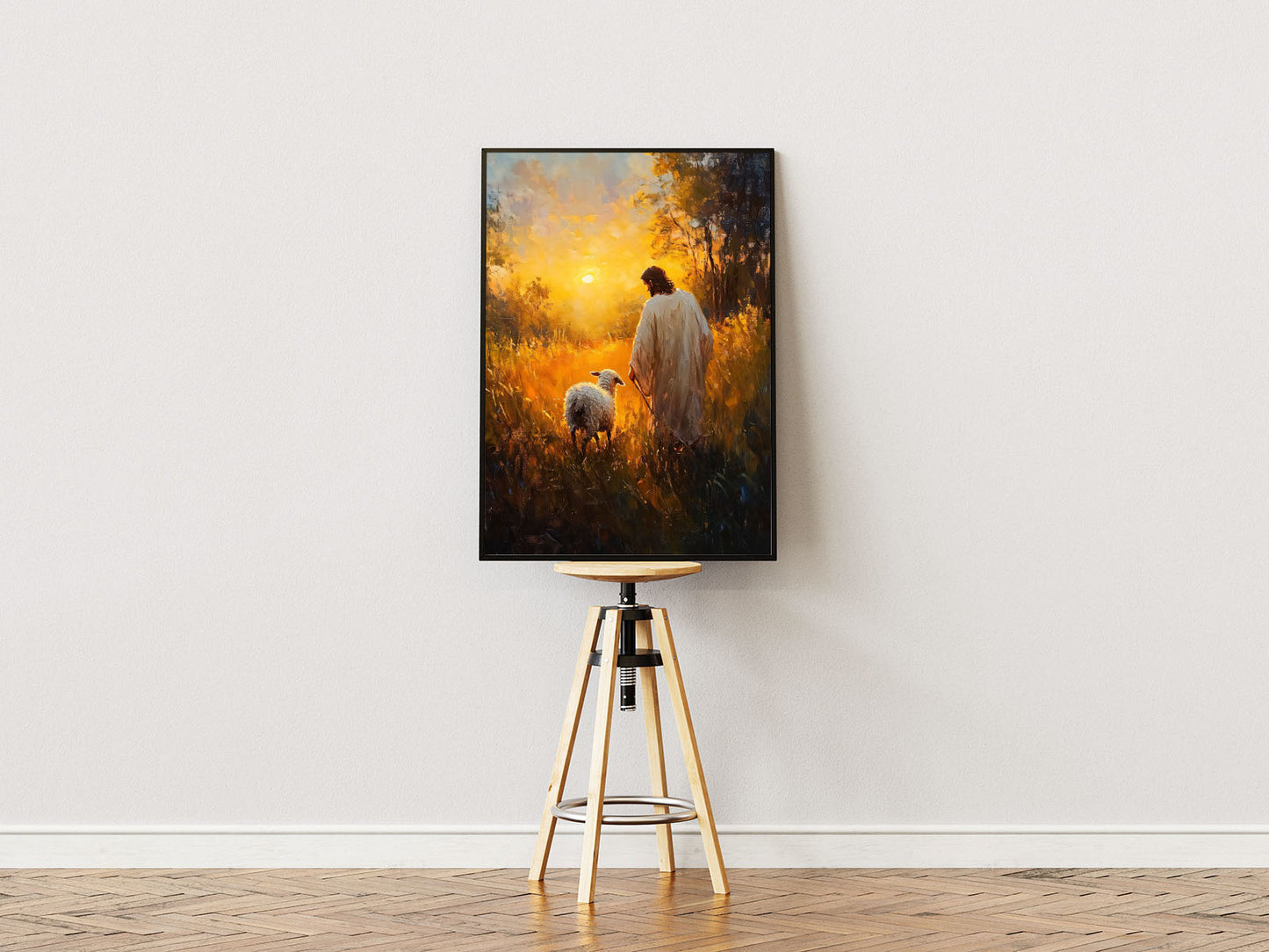 Poster ständer Poster mit Rahmen von einer Landschaft mit Jesus von hinten mit Schaf als hirte und Sonnenuntergang und Natur in orange gelb schwarz weiß