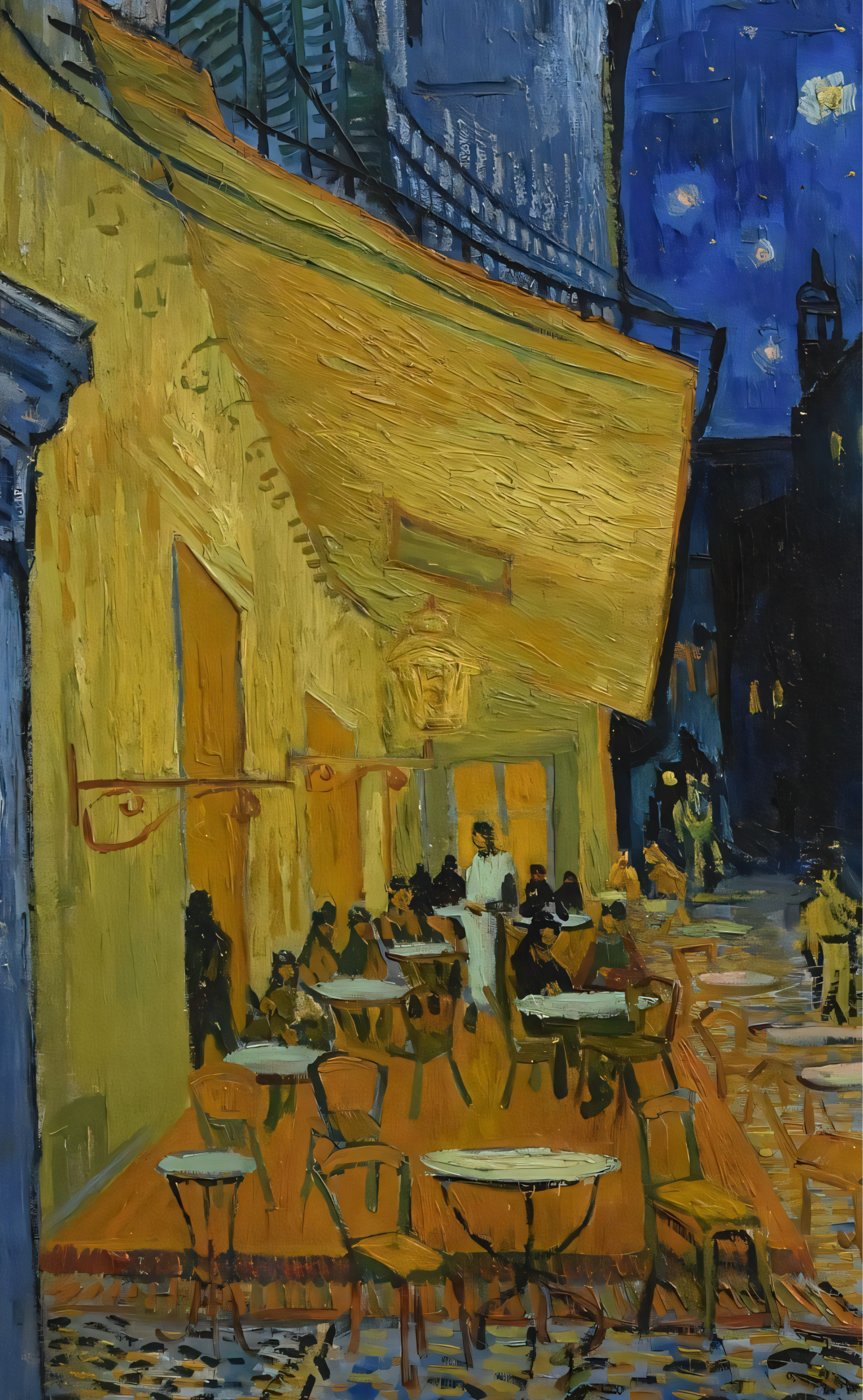 nahaufnahme Poster mit Rahmen von Van Gogh gezeichnetes Gemälde von einer Kafeterrasse neben einer Straße in blau schwarz gelb 