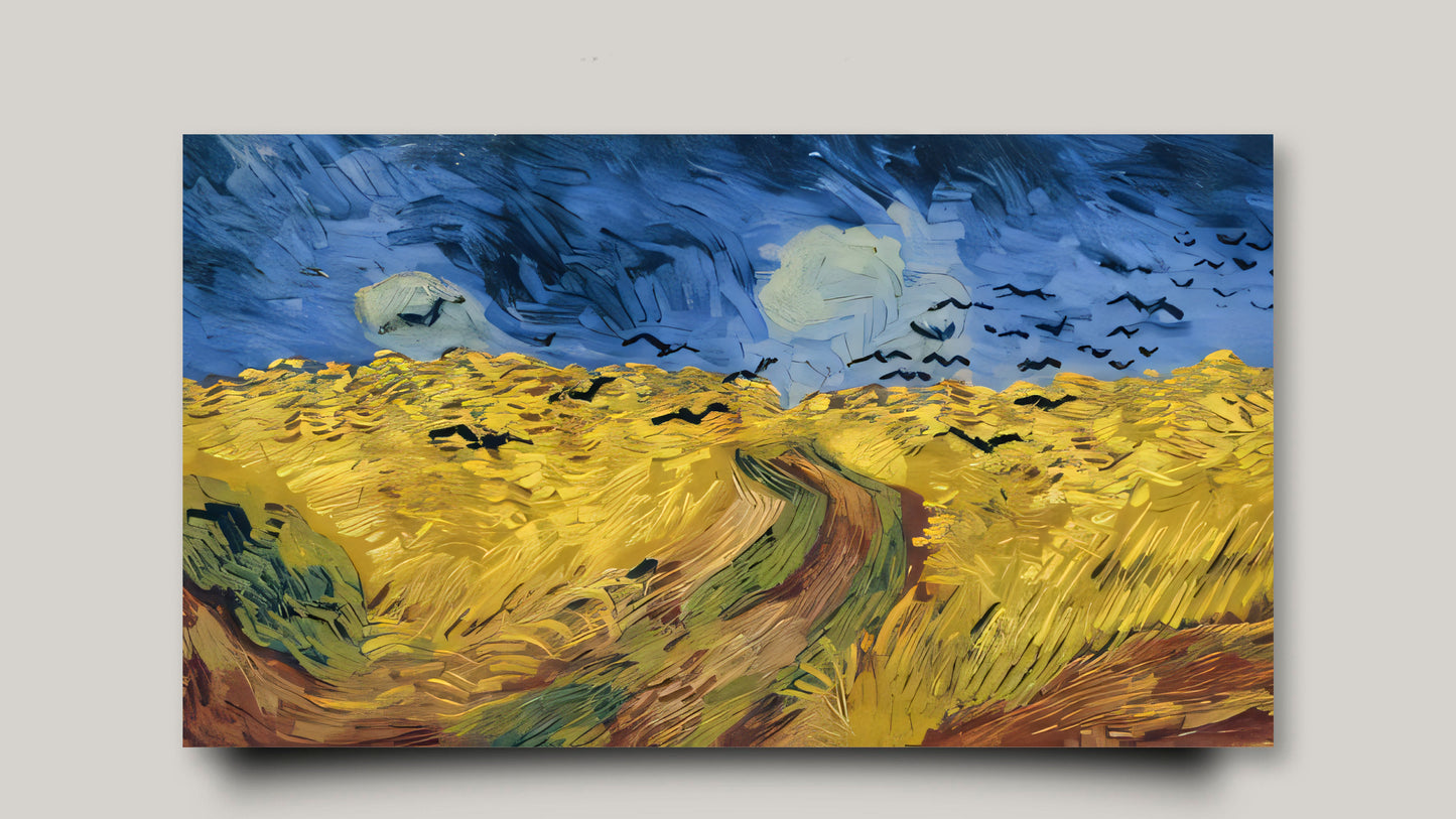 Close-up Leinwand gezeichnetes gemaltes Gemälde von Van Gogh mit raben über felder in blau gelb beige schwarz