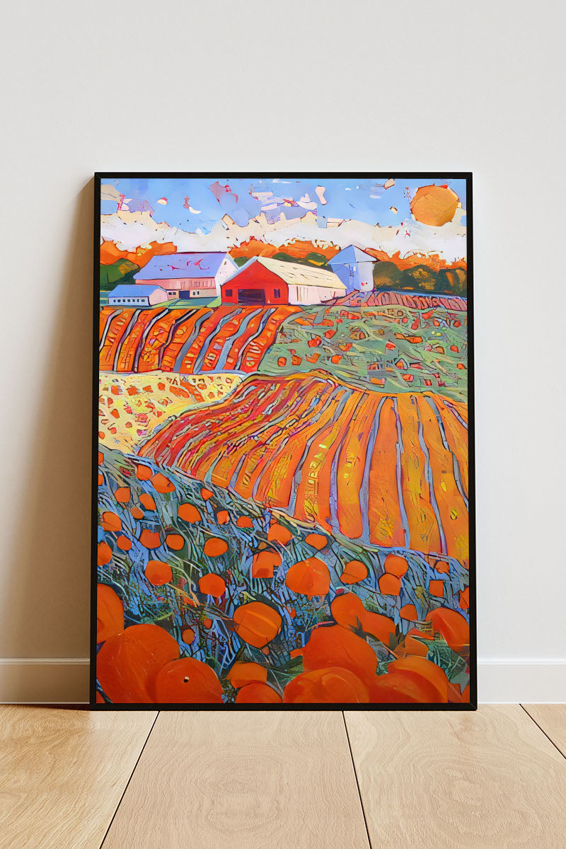 Close-up Poster mit Rahmen gezeichnetes Gemälde mit oranger Landschaft und Feldern und Blumen und Farm im Hintergrund orange grün blau beige