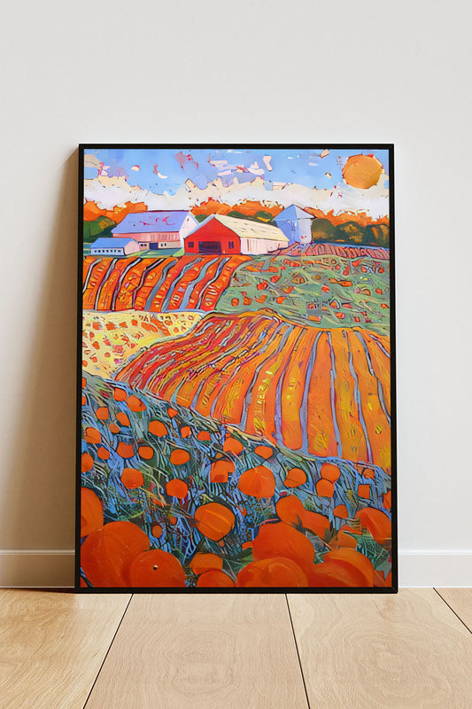 Close-up Poster mit Rahmen gezeichnetes Gemälde mit oranger Landschaft und Feldern und Blumen und Farm im Hintergrund orange grün blau beige