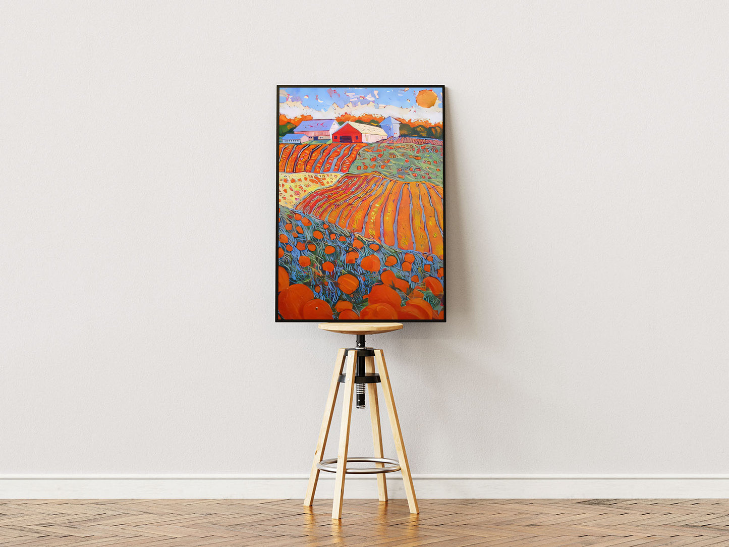 Poster Ständer  Poster mit Rahmen gezeichnetes Gemälde mit oranger Landschaft und Feldern und Blumen und Farm im Hintergrund orange grün blau beige