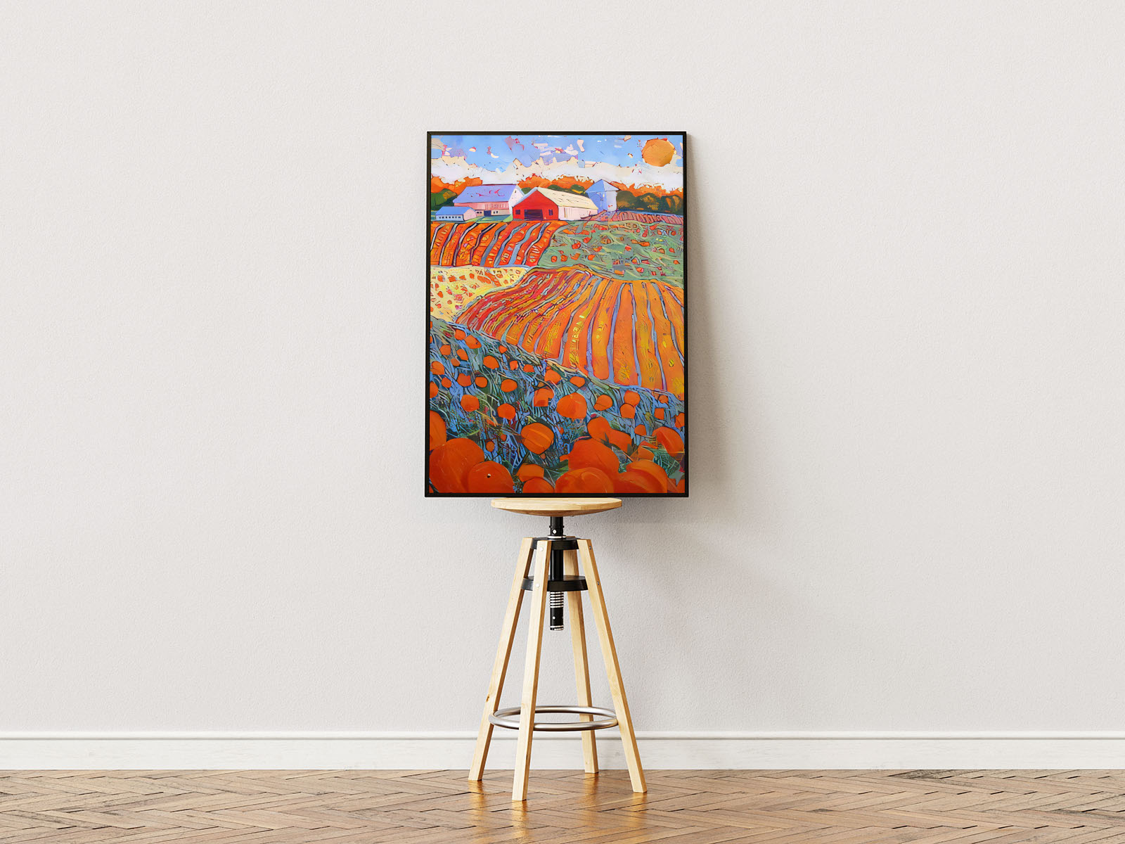 Poster Ständer  Poster mit Rahmen gezeichnetes Gemälde mit oranger Landschaft und Feldern und Blumen und Farm im Hintergrund orange grün blau beige