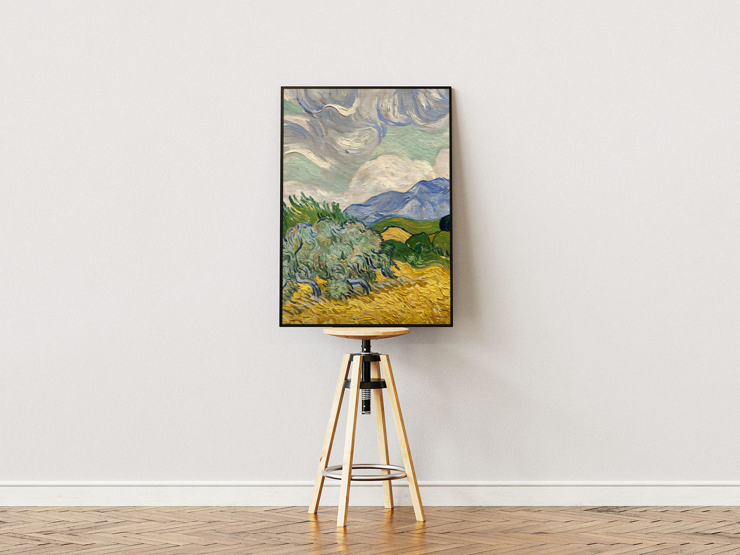 Poster Ständer Poster mit Rahmen Landschaft mit Bergen und gras als Gemälde gezeichnet Beige grün gelb blau