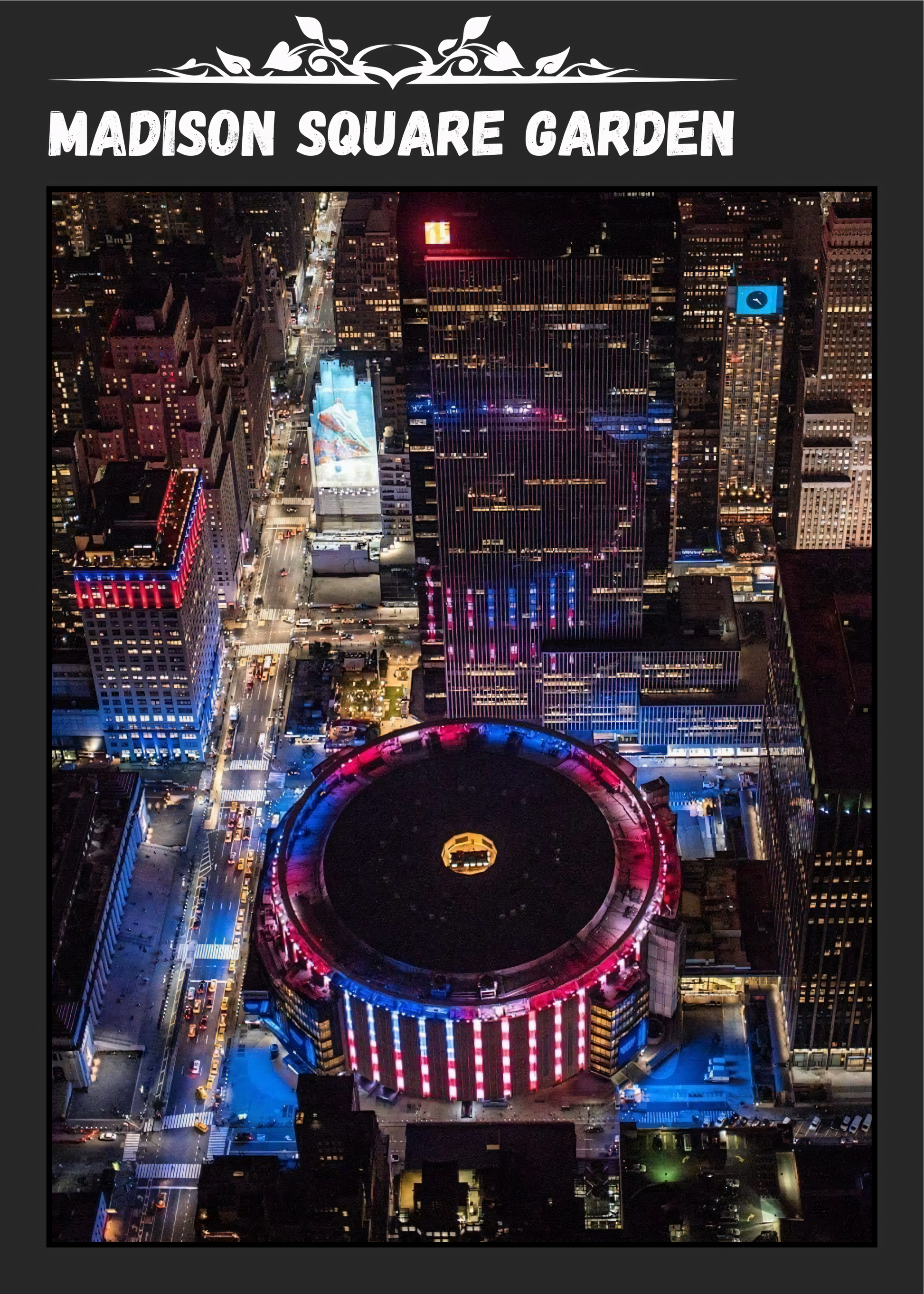 Nahaufnahme Poster mit Rahmen Eishockeyarena mit grauer umrandung in einer Stadt mit vielen Gebäuden runde Eishockeyarena mit überschrift rot blau rosa violett schwarz grau