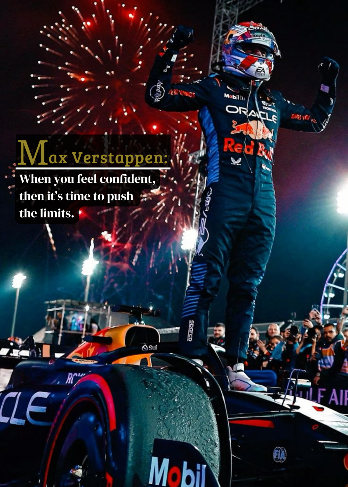 Nahaufnahme Poster mit Rahmen Formel 1 Rennfahrer Max Verstappen jubelt auf dem Formel 1 Auto mit Feuerwerk im Hintergrund und sein Team im hintergrund mit motivationszitat in schwarz blau rot weiß