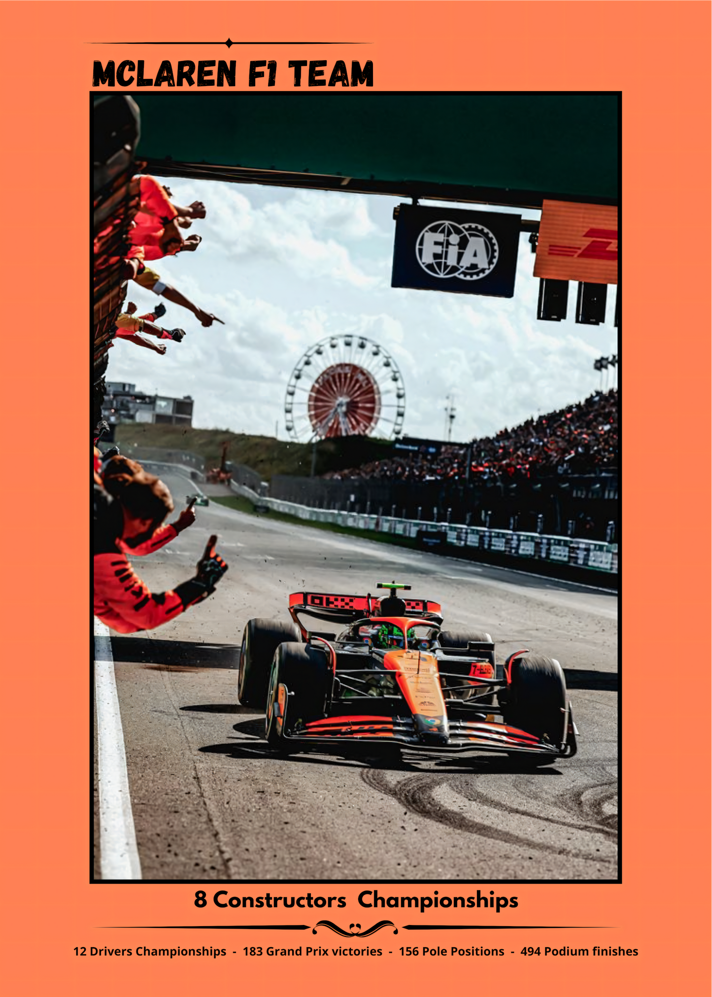 Nahaufnahme Poster mit Rahmen von Formel 1 Team und Formel 1 Auto auf Rennstrecke fährt über Ziellinie und Team jubelt mit Rennstrecke und Landschaft im Hintergrund mit oranger umrandung mit beschriftung und überschrift in orange grau und weiß