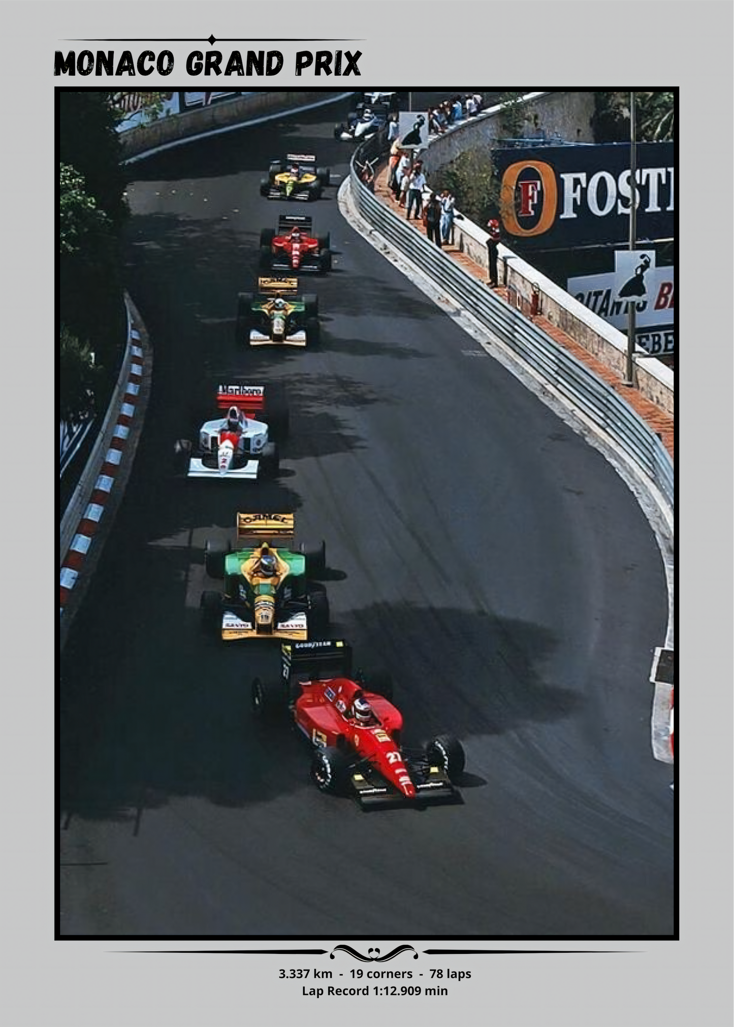 Nahaufnahme  Poster mit Rahmen Formel 1 Autos beim Monaco Rennen auf der Rennstrecke mit silberer umrandung überschrift und beschriftung in rot grün grau gelb silber schwarz