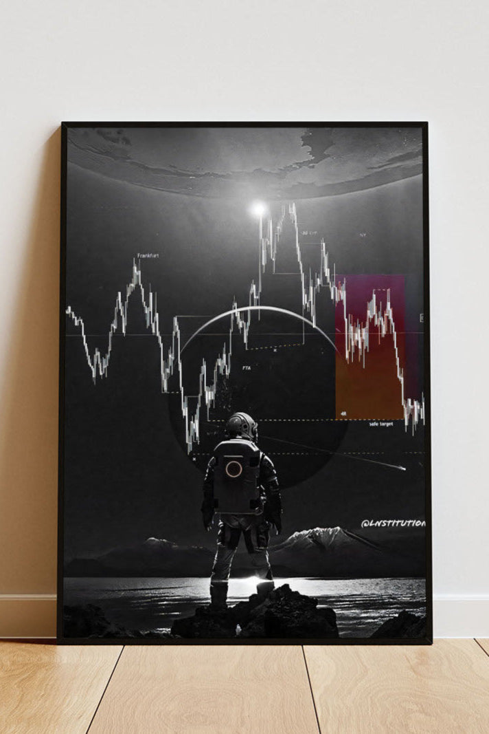 Close-up poster mit aktien Chart mit Astronaut, Kunst gemälde Börse Weltall