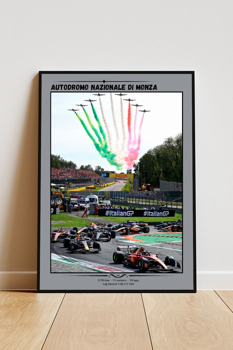 close-up Poster mit Rahmen von Formel 1 Autos auf der Rennstrecke Monza fahren alle um eine kurve am Himmel fliegen Jets mit grauer Umrandung mit überschrift und beschriftung in rot grün weiß 