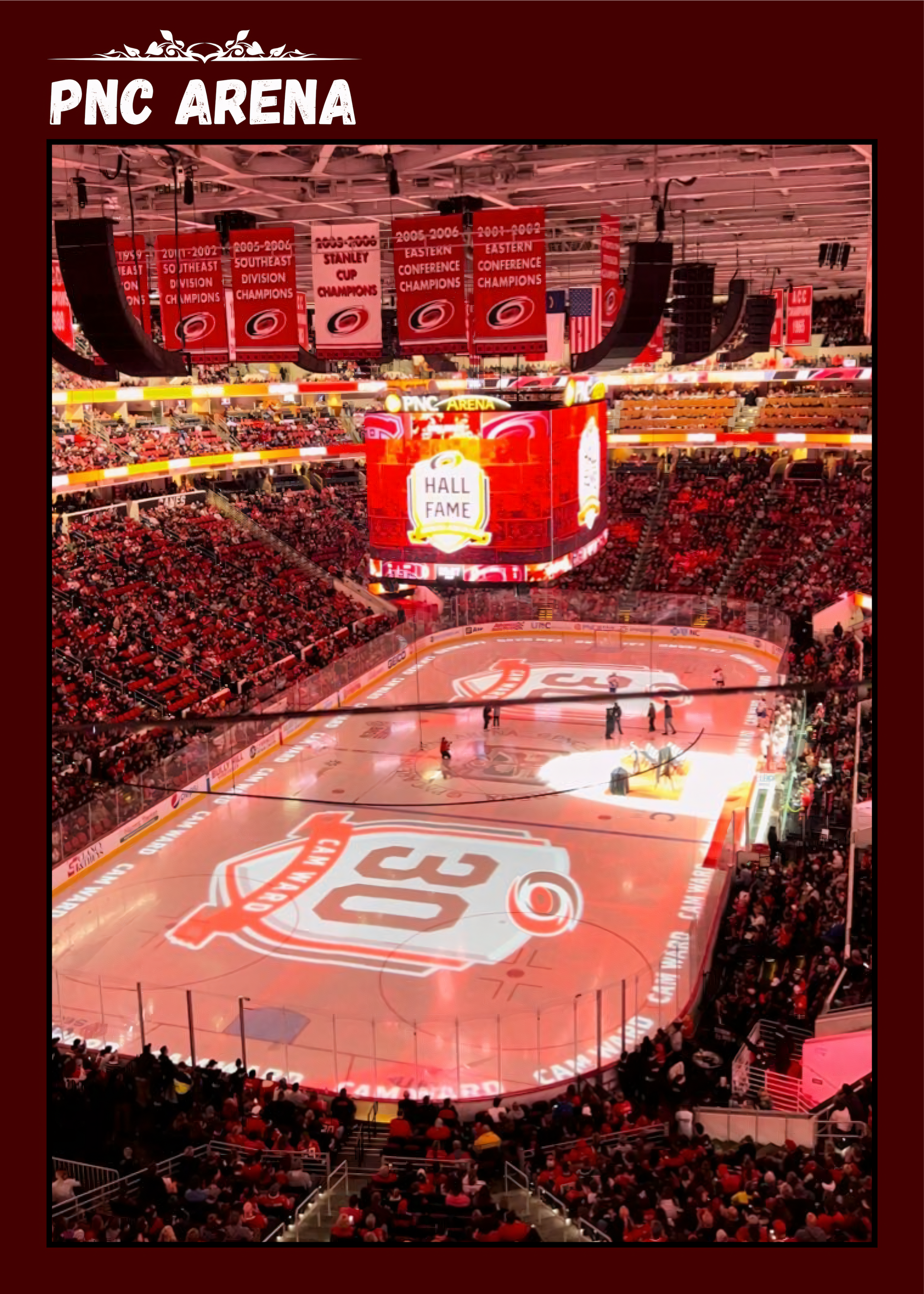 Nahaufnahme Poster mit Rahmen von Eishockeyarena und Eishockeystadium mit Eishockeyplatz und Publikum in Rot Weiß