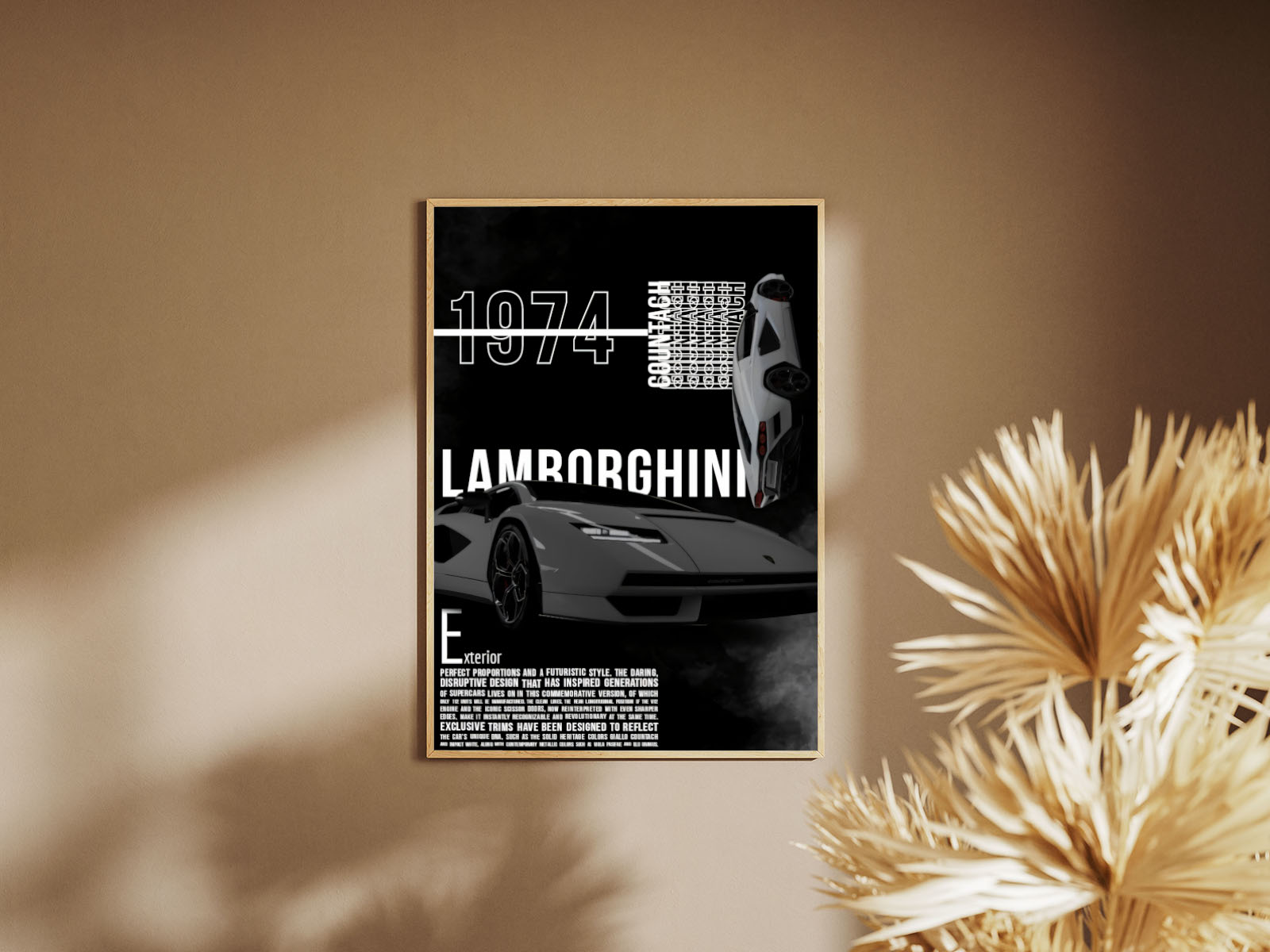 Holzrahmen Poster mit Rahmen von Lamborghini aus dem Jahr 1974 mit beschreibung und überschrift auf schwarzem hintergrund weiß grau