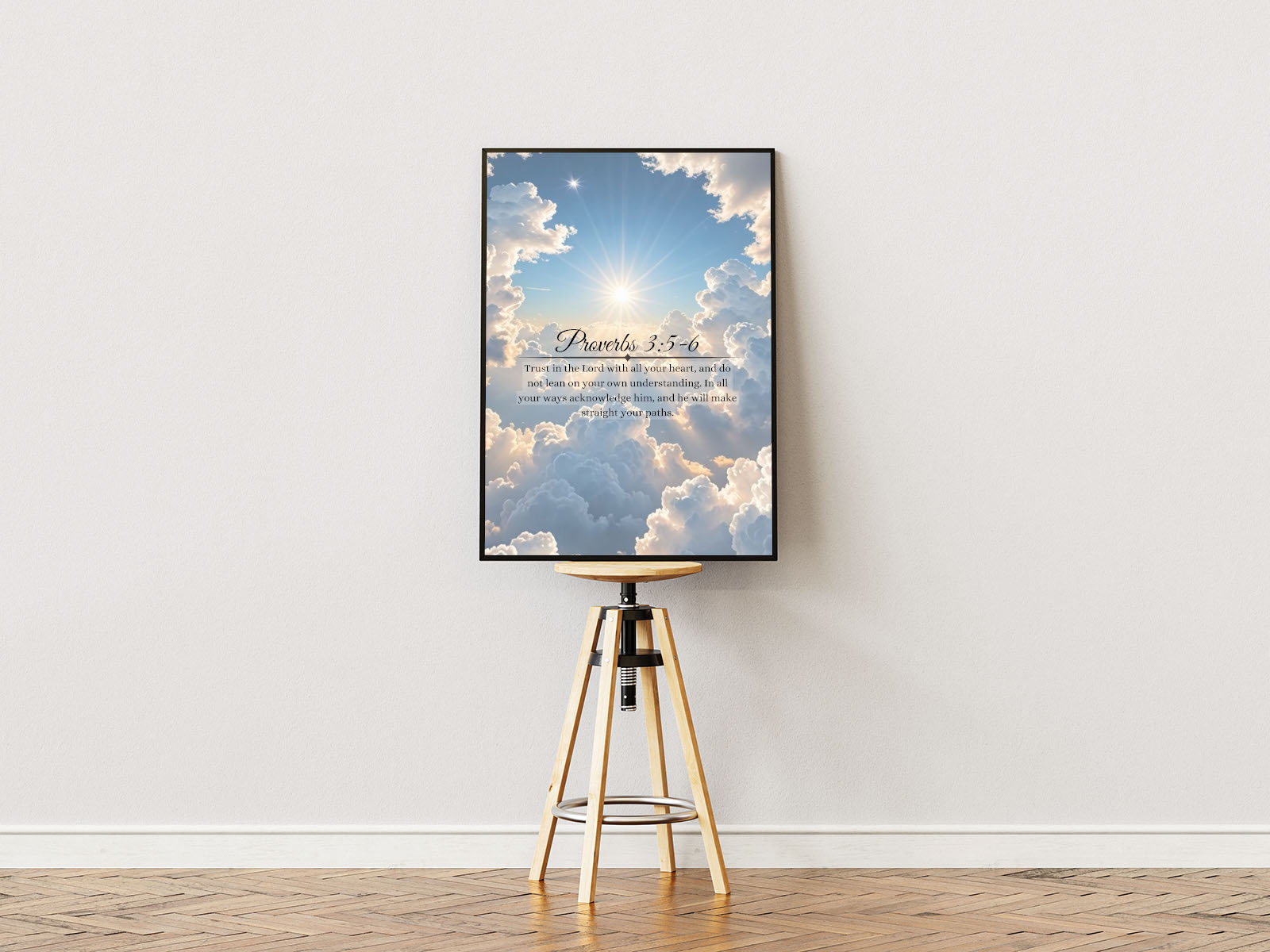 Poster ständer Poster mit Rahmen Himmel mit Wolken mit Religiöse überschrift und Religiösen Bibelzitat in blau weiß schwarz