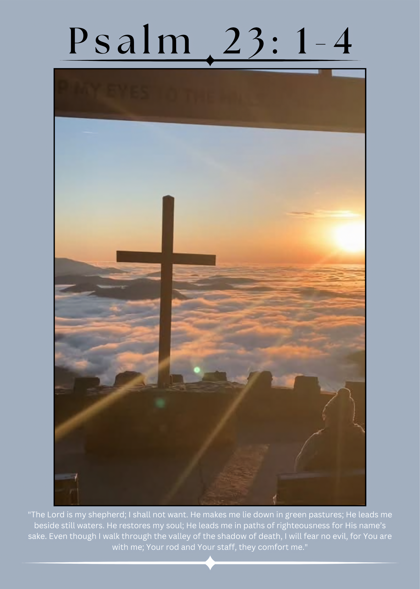 Nahaufnahme Poster mit Rahmen von Religiösen Kreuz und Landschaft und Himmel Wolken Sonne mit blauer umrandung Religiöser überschrift und Bibelzitat in blau schwarz orange weiß