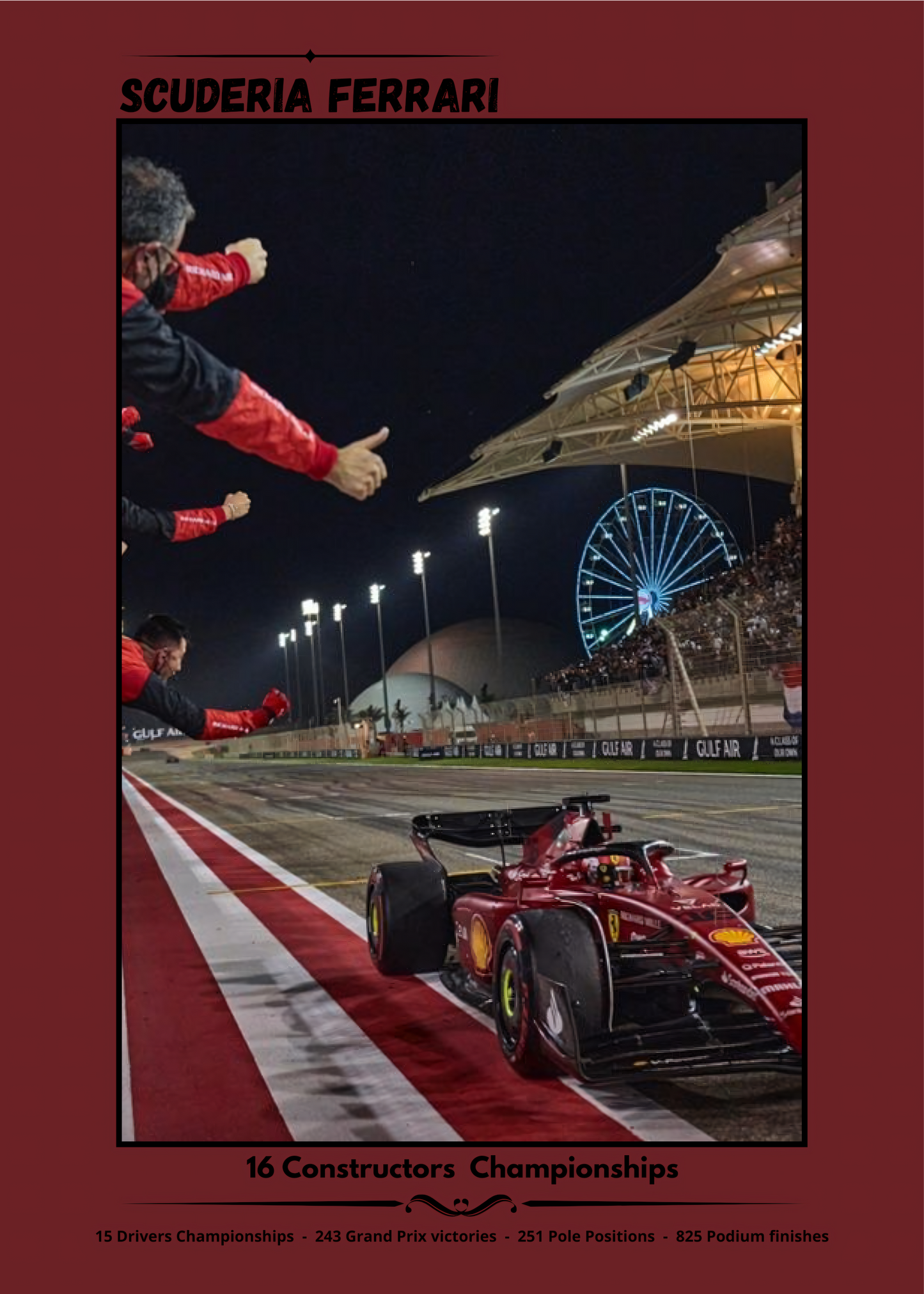 nahaufnahme Poster mit Rahmen Ferrari F1 Team Poster mit Formel 1 Auto und rennstrecke und Formel 1 Team mit beschriftung und roter umrandung in rot schwarz