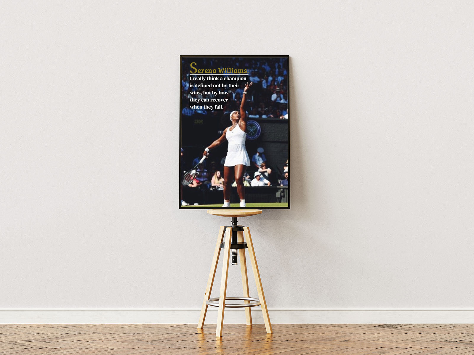 Poster ständer Poster mit Rahmen von Tennispieler Serena Williams im Tennisstadium auf Tennisplatz mit motivierenden Zitat und Spruch grün blau weiß schwarz